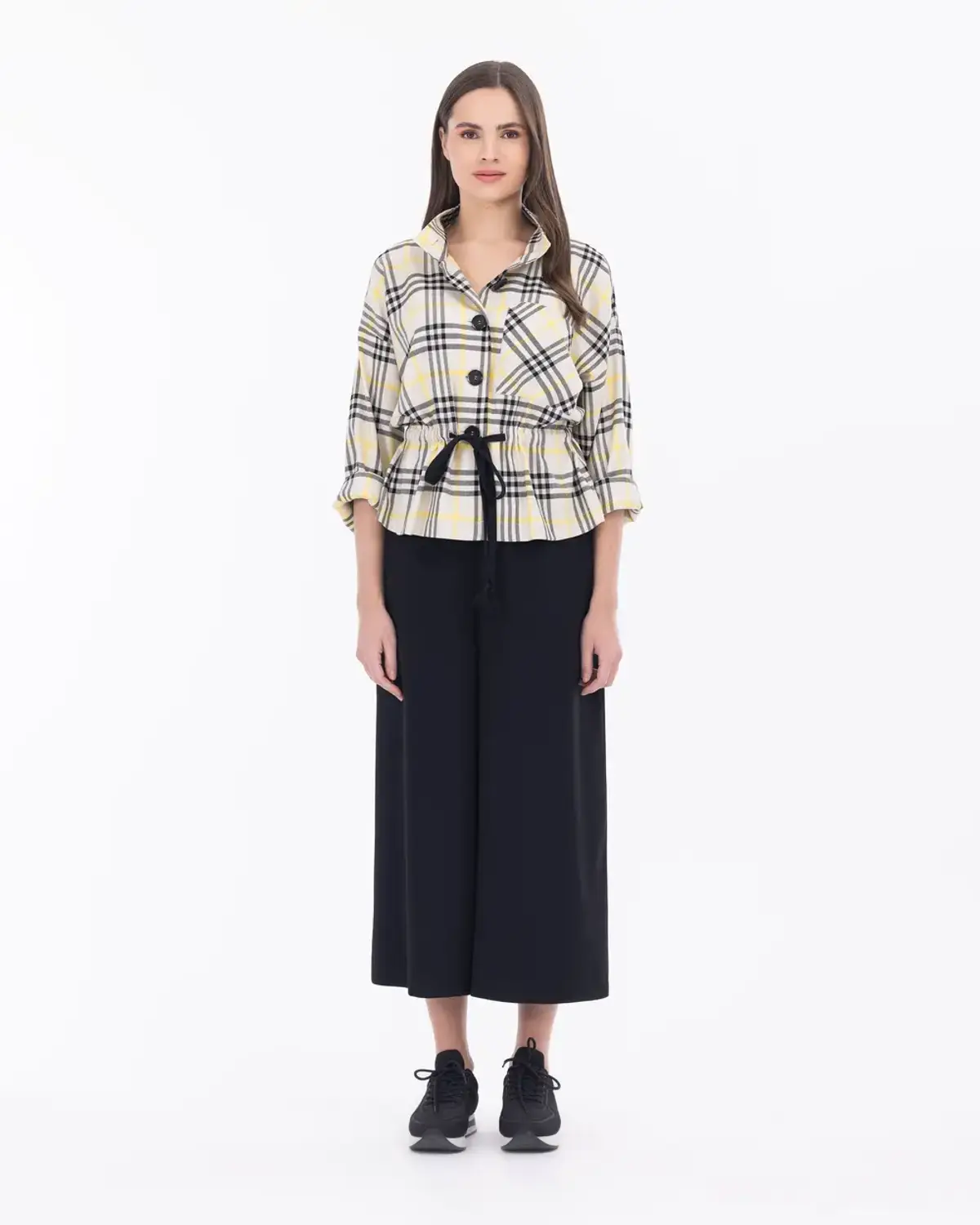 Wide Leg Trousers with Half Elastic Waist in Black for Comfortable Styling