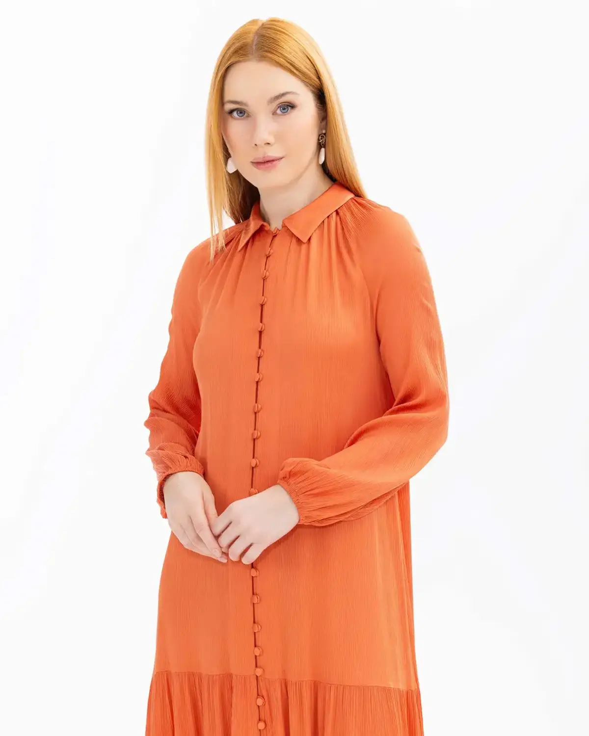 Button Detail Belted Dress with Elegant Design for All Occasions in Orange