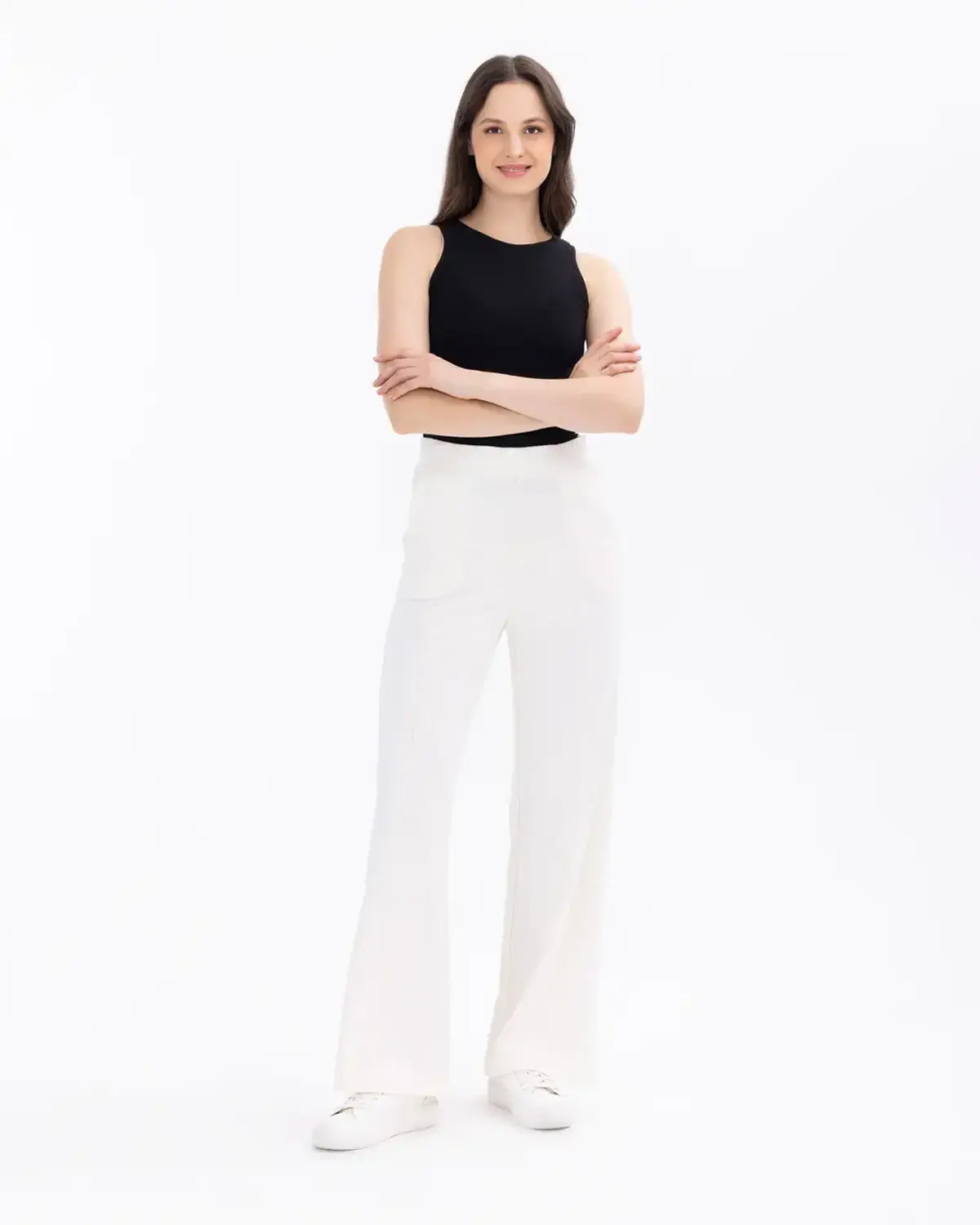 Comfortable Elastic Waist Relaxed Fit Knitted Trousers in Ecru and Black, with flexible waistband and spacious cut for all-day ease