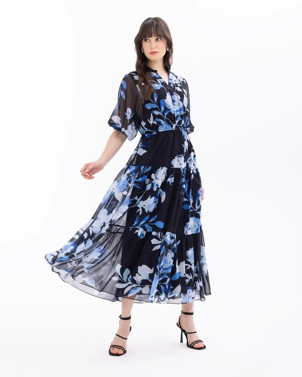 çiçek desenli v yaka balon kol elbise