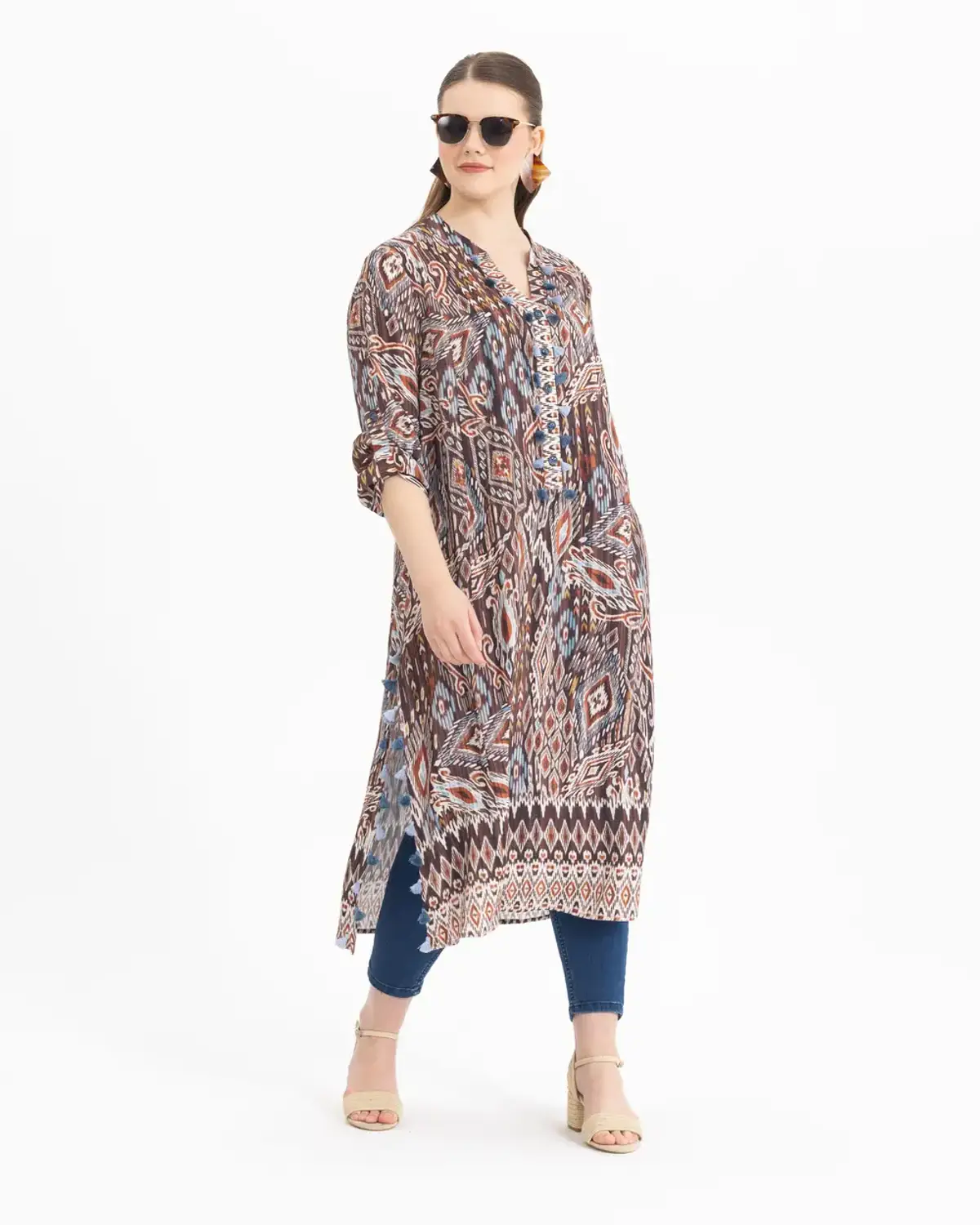 Plus Size Ethnic Print Dress with Fringe Detail, Round Neck, Foldable Sleeves, 100% Polyester, Above Knee Length, Perfect for Casual or Stylish Outfits