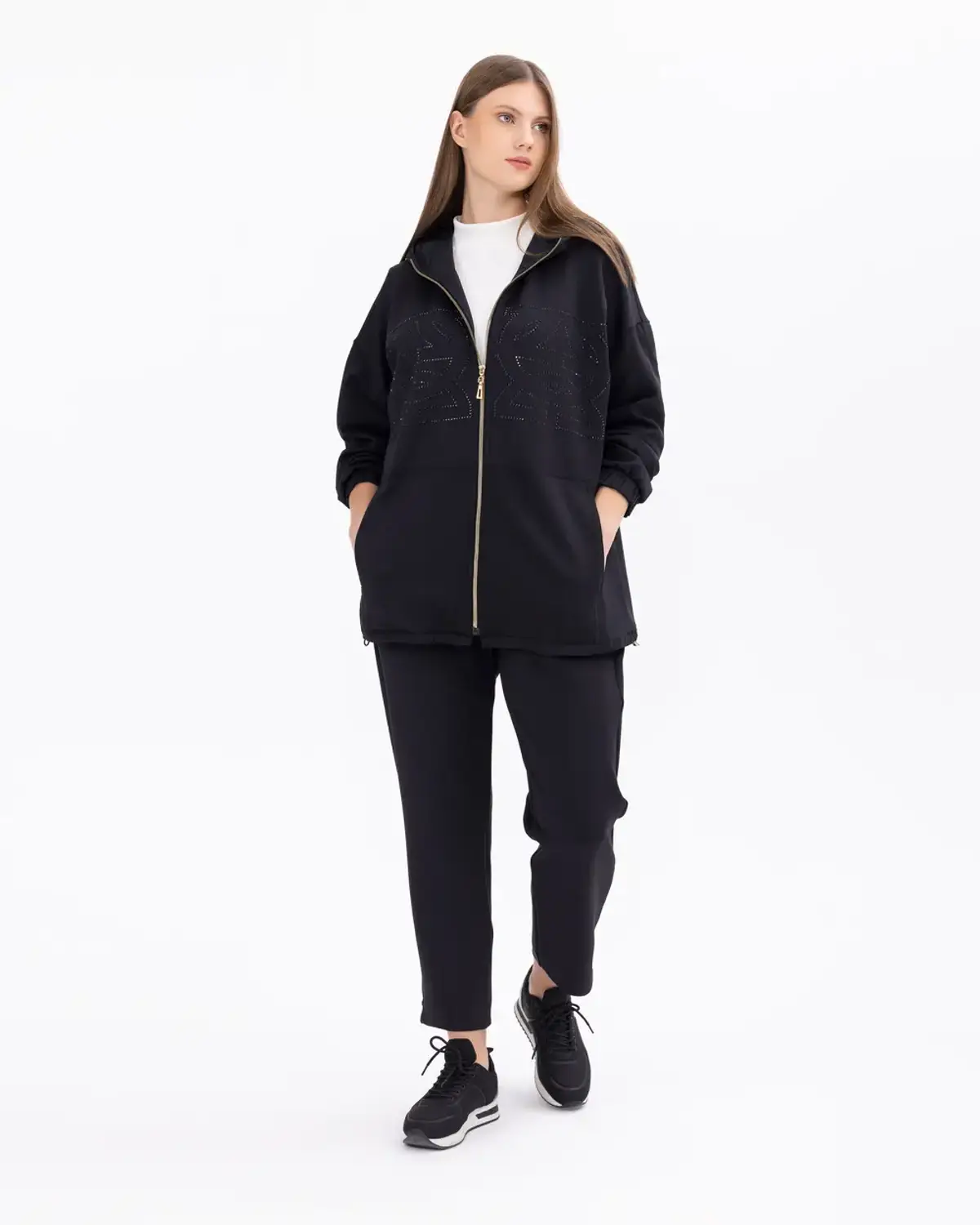 Plus Size Full-Length Trousers with Elastic Waistband for Comfortable and Stylish Fit in Black