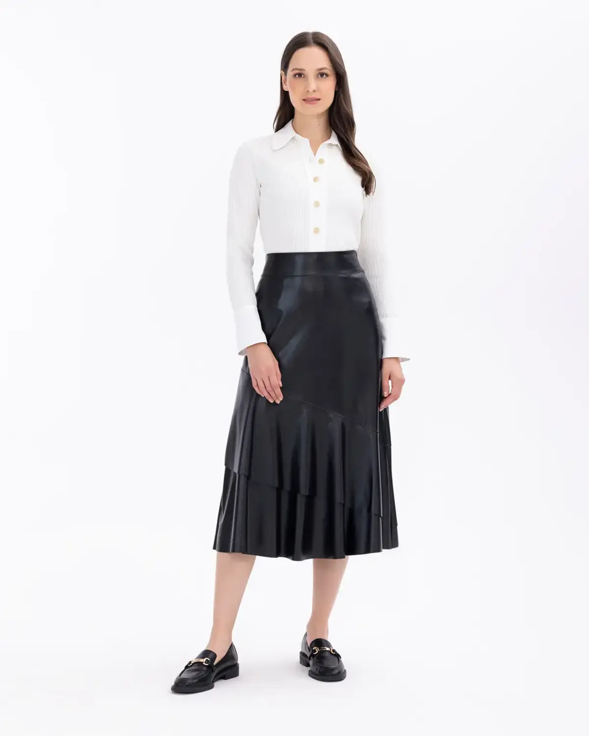 volanlı midi boy suni deri etek