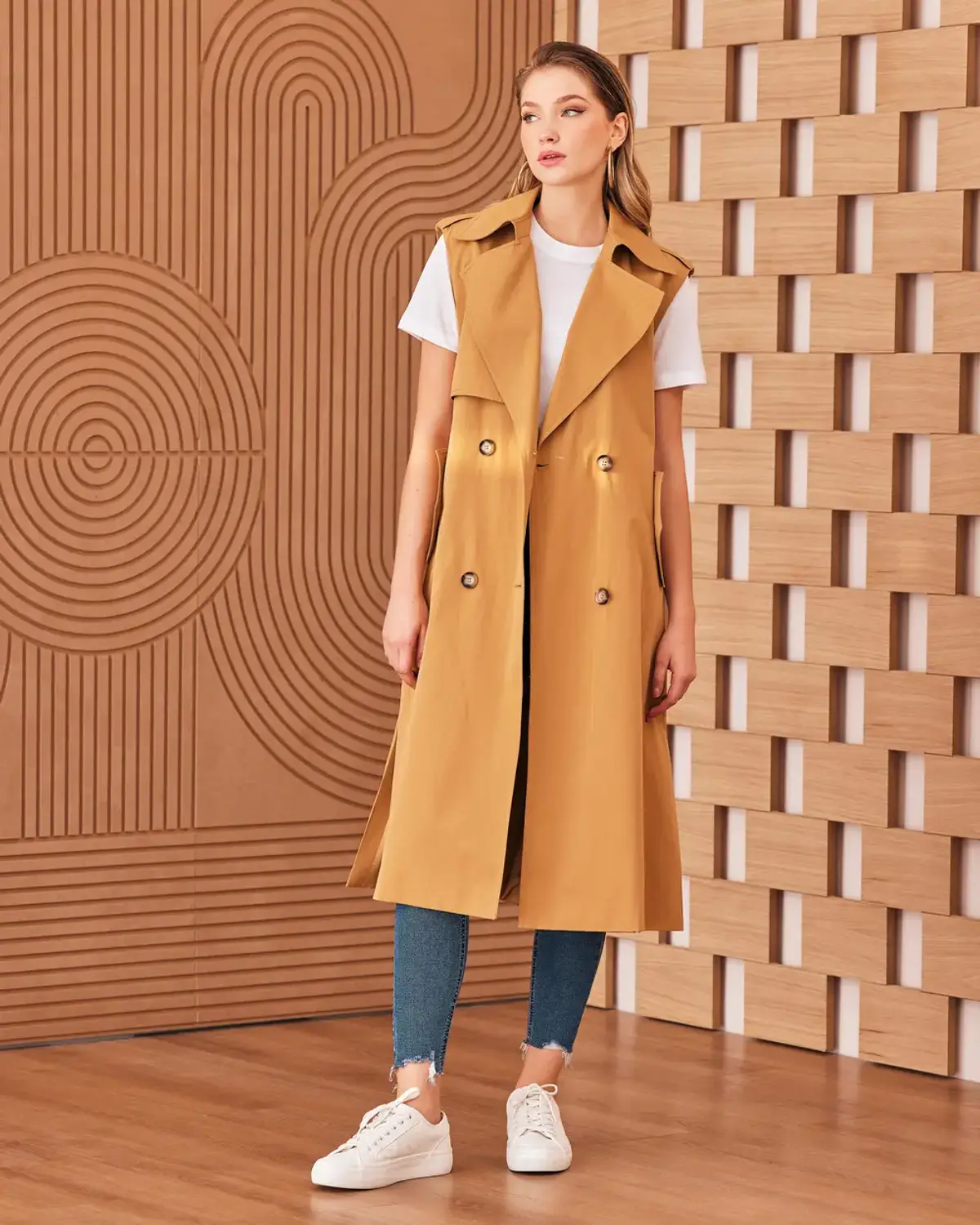 kruvaze yakalı kuşaklı midi boy yelek