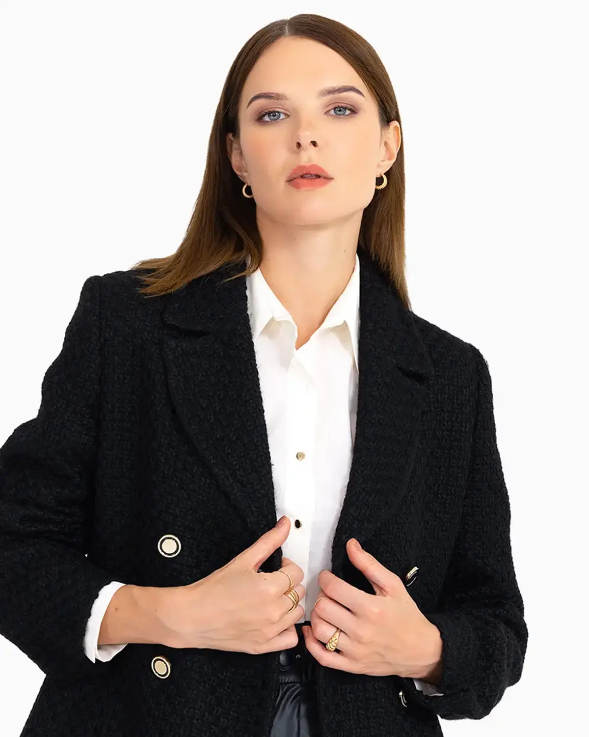Double-Breasted Button Detail Classic Coat with Notch Lapel in Black
