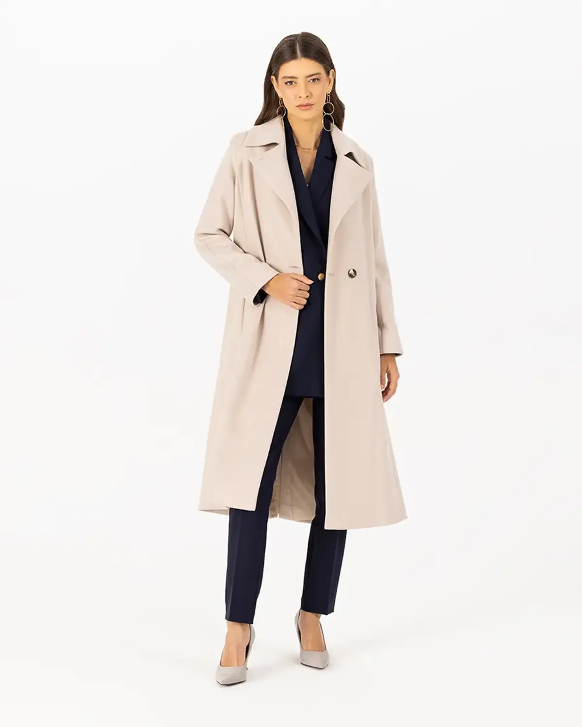 Belted Midi Coat - Timeless Classic in Beige, Anthracite, Black - Long Sleeve, Tailored Look, Perfect Fit for Every Season, Sizes 36-44