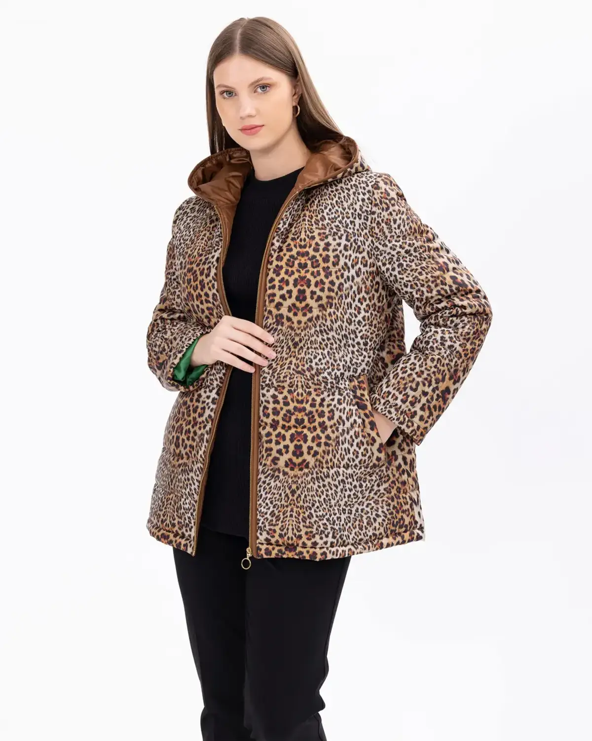 büyük beden leopar desenli şişme kaban