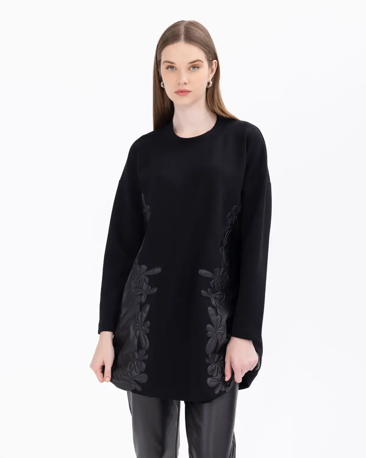 suni deri detaylı rahat kesim sweatshirt