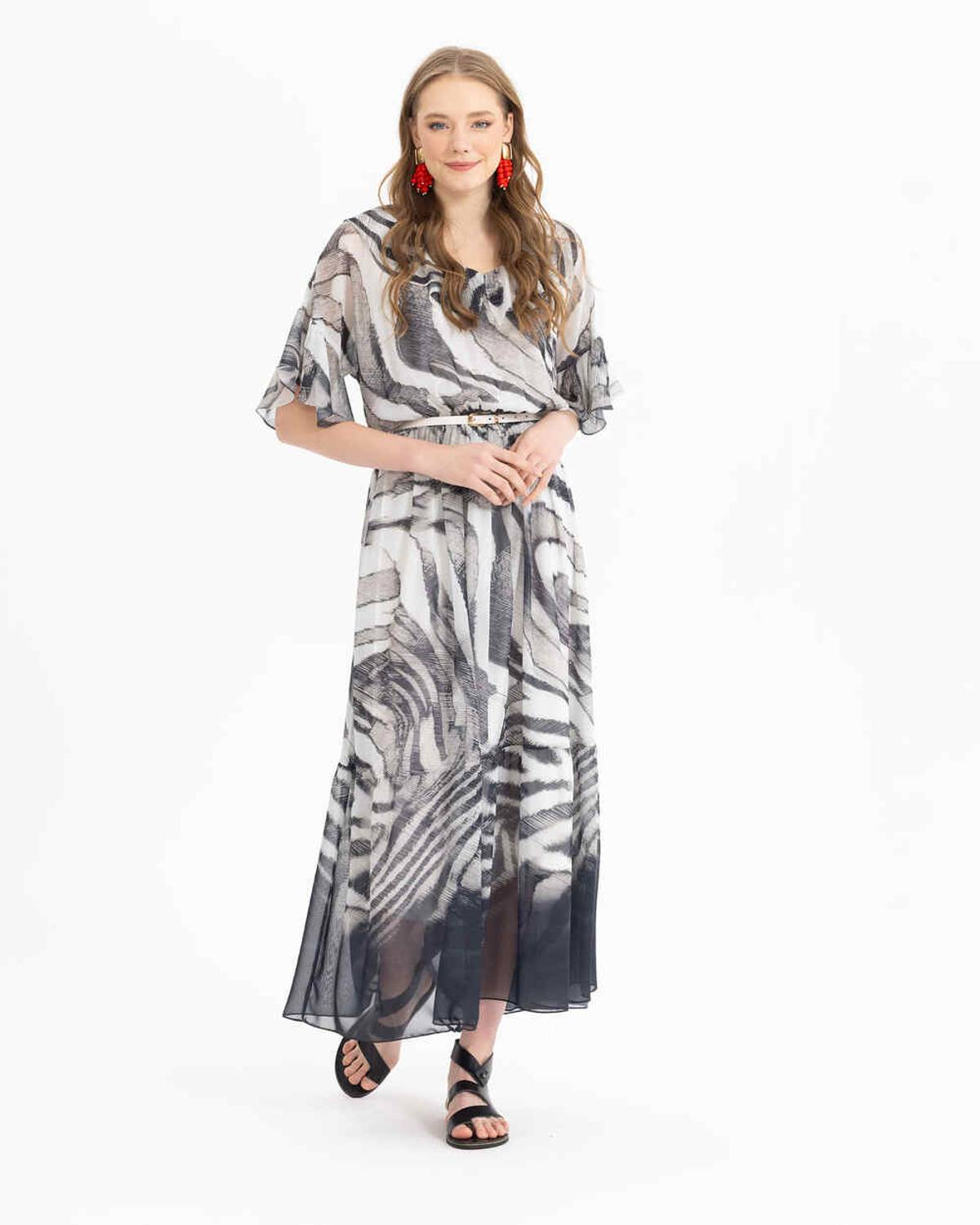 Patterned Elastic Waist Dress with Ruffle Details, Midi Length, V-Neck, Short Sleeves, 100% Polyester, Perfect for Bohemian Style