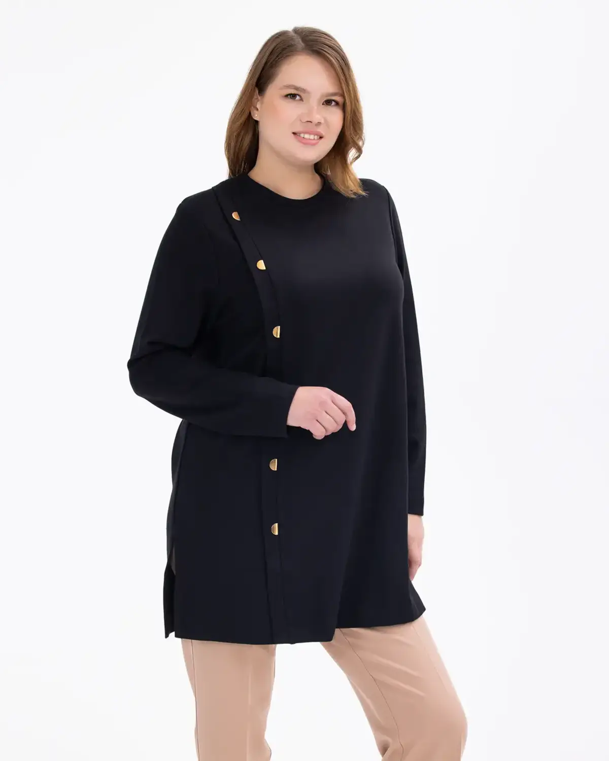 büyük beden düğme detaylı sıfır yakalı tunik