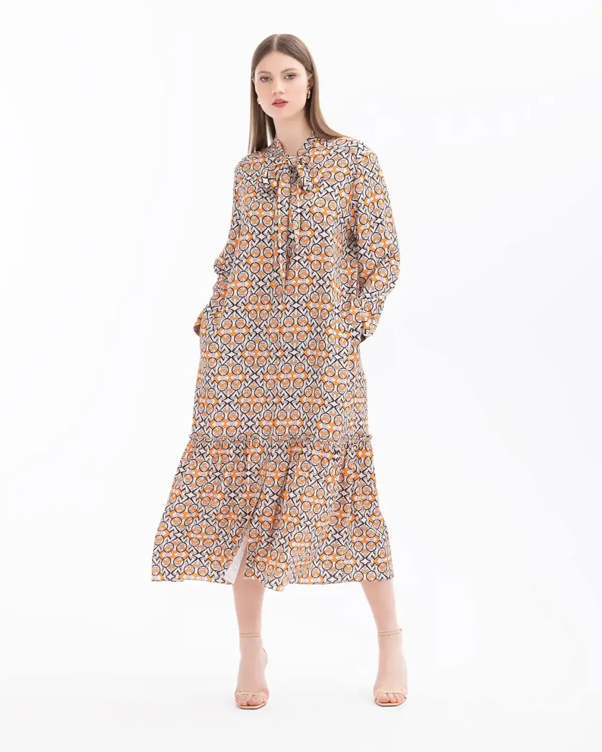 Plus Size Geometric Print Scarf Collar Dress in Orange for Stylish Comfort