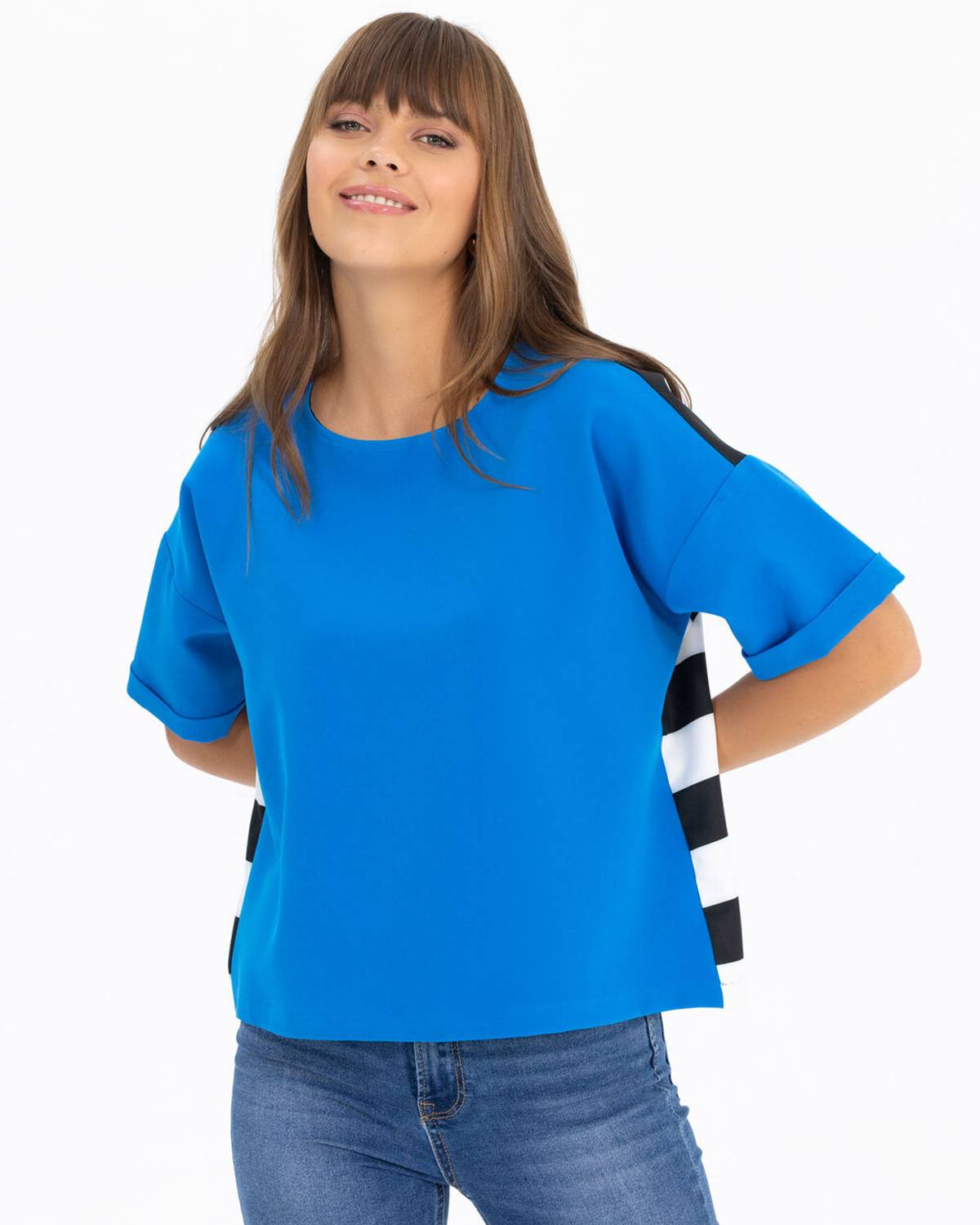 sırtı çizgili kısa kollu bluz