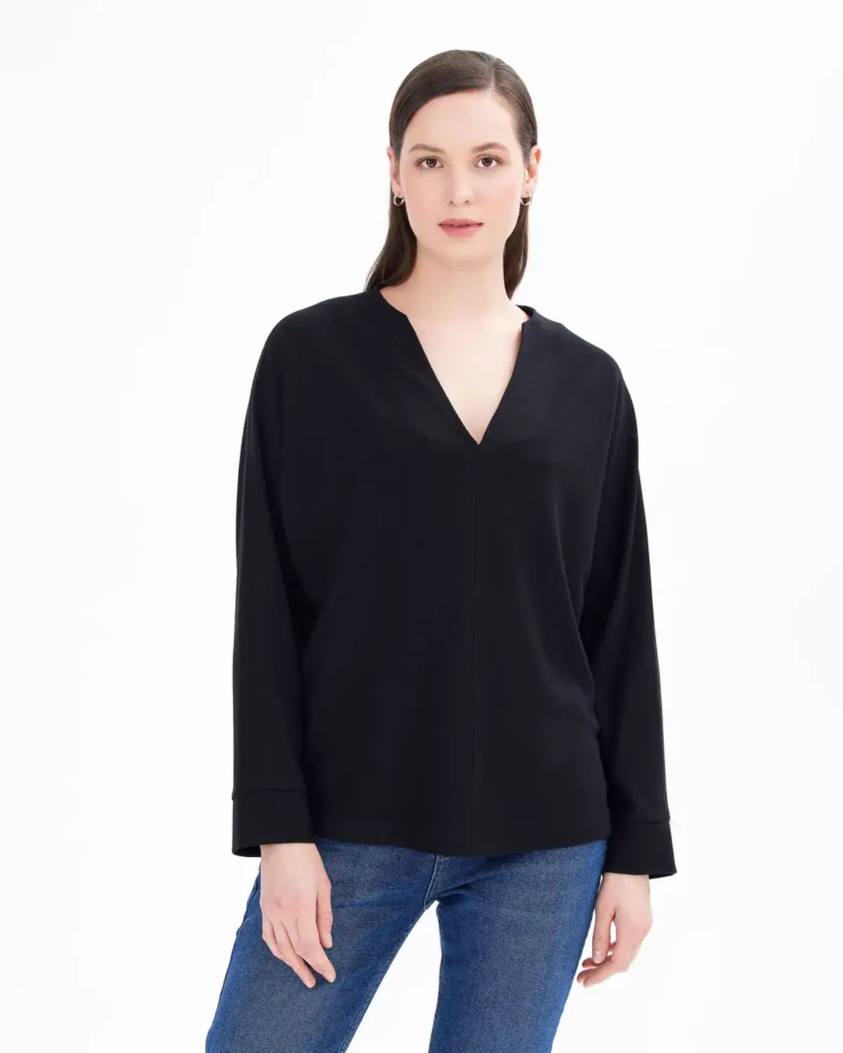 v yakalı bel boy rahat kesim örme bluz