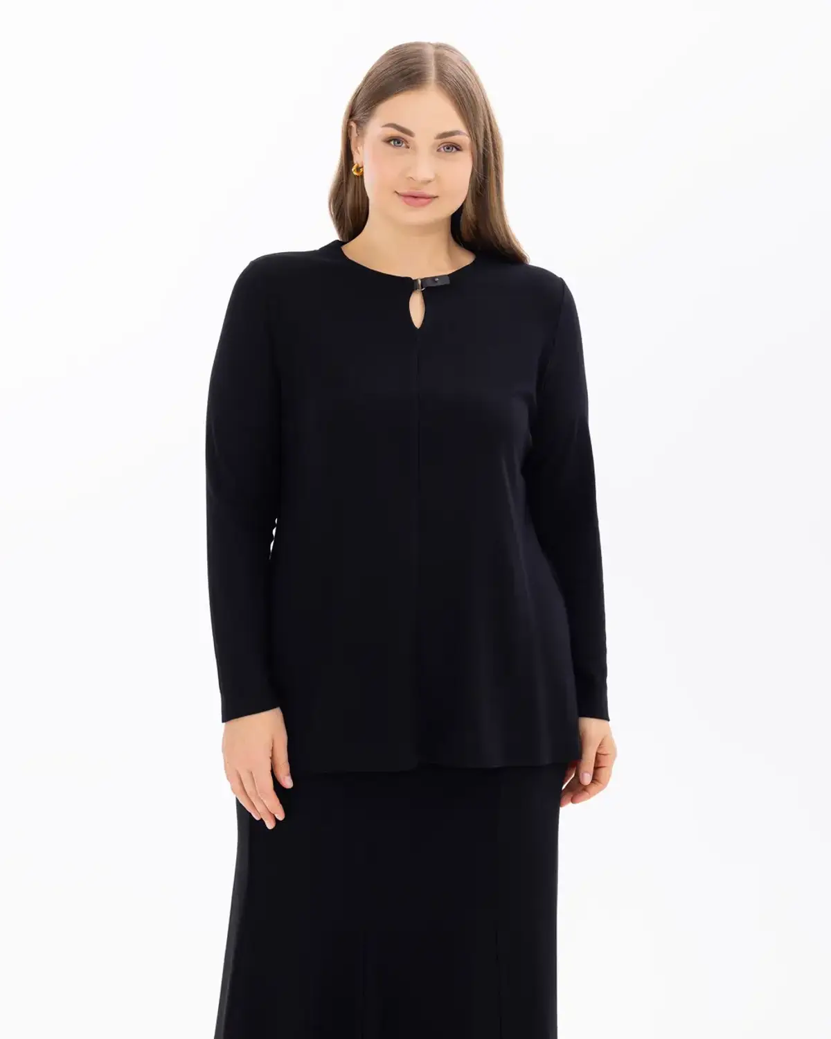 büyük beden yakası pencereli triko bluz