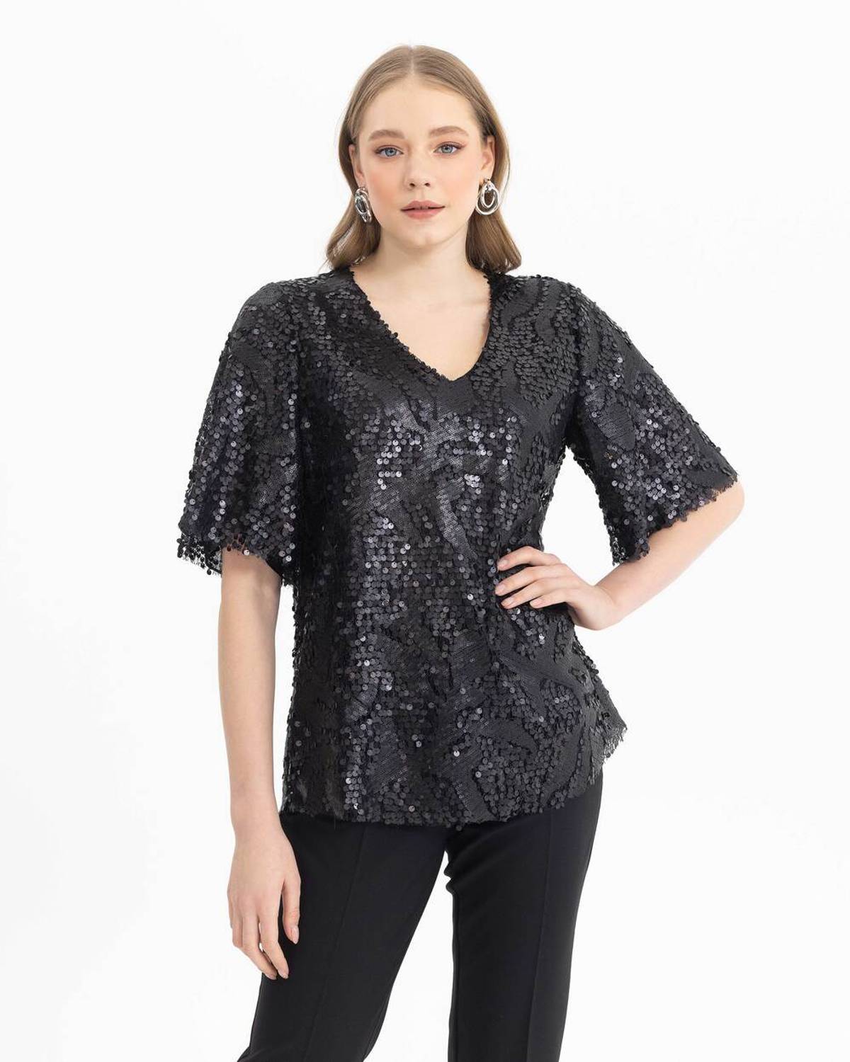 v yakalı payet bluz