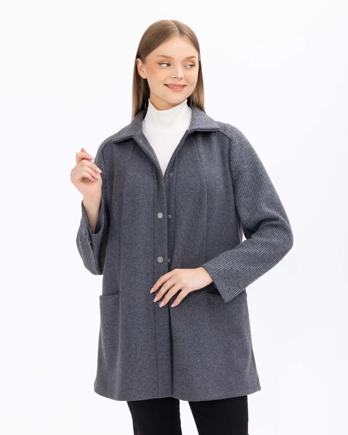 Plus Size Pocketed Knit Sleeve Unlined Wool Blend Coat in Anthracite