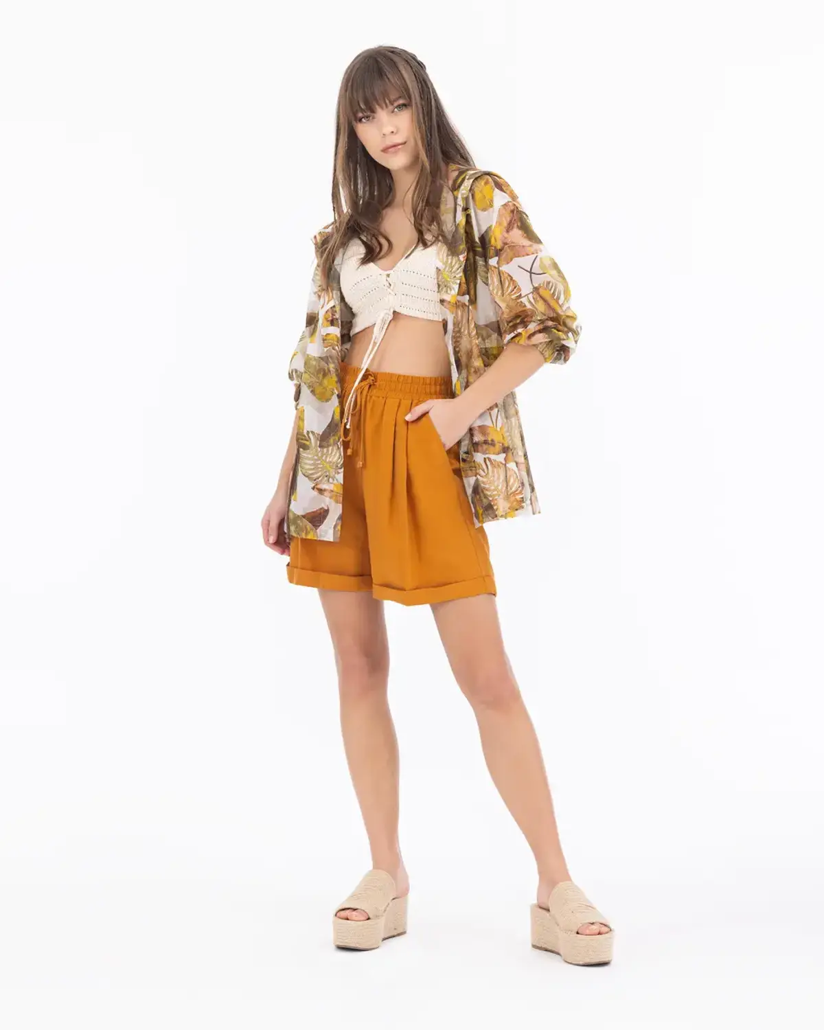 tropik desenli kapüşon yaka ceket