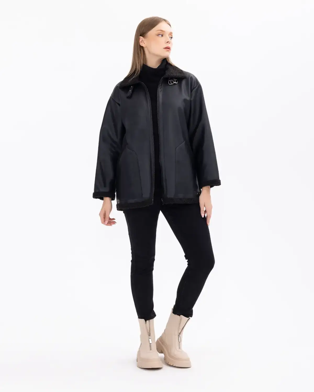 Сукня великих розмірів з штучної шкіри з кишенями та блискавкою