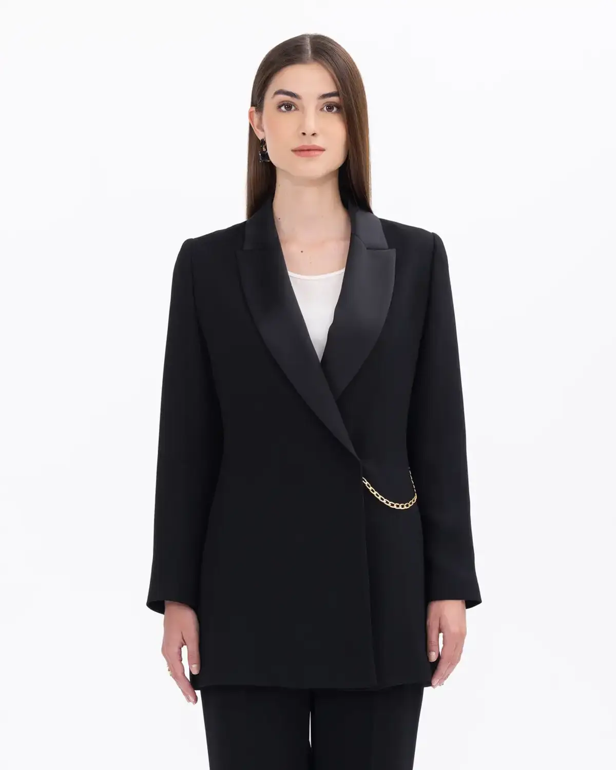 zincir detaylı kruvaze yakalı ceket