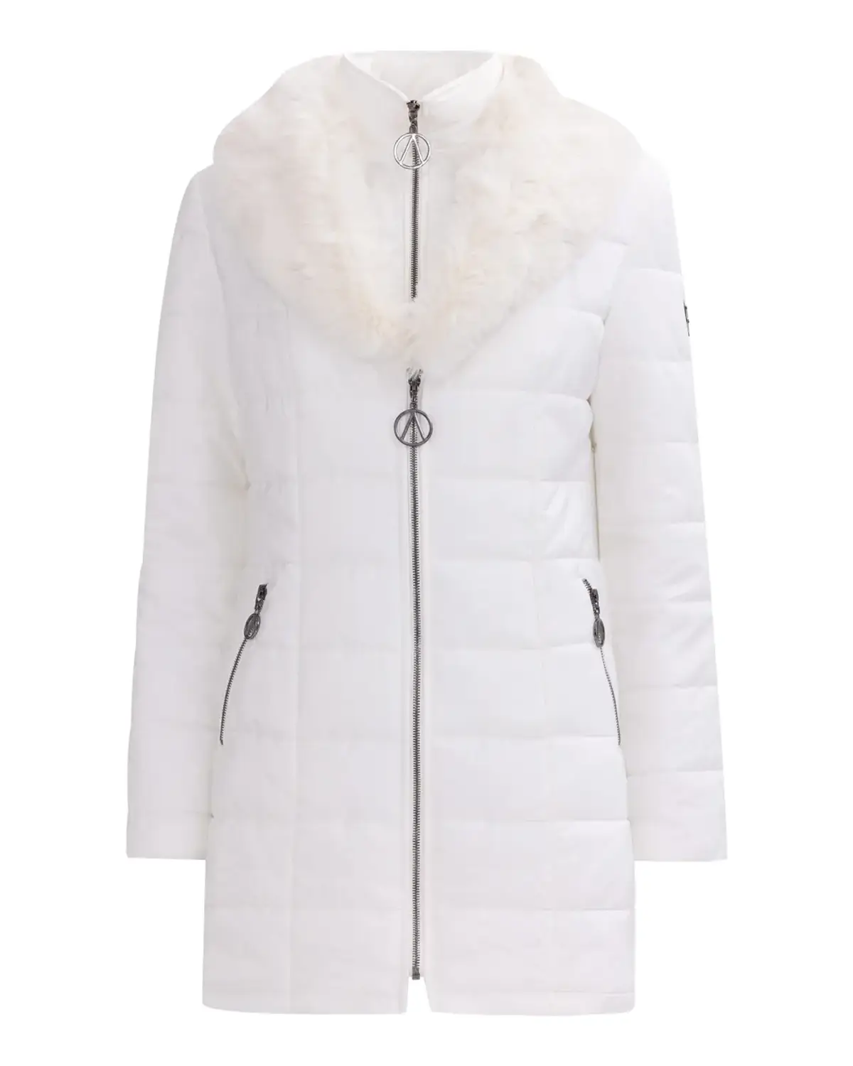 Faux Fur Detailed Double Zipper Puffer Coat in Black and White