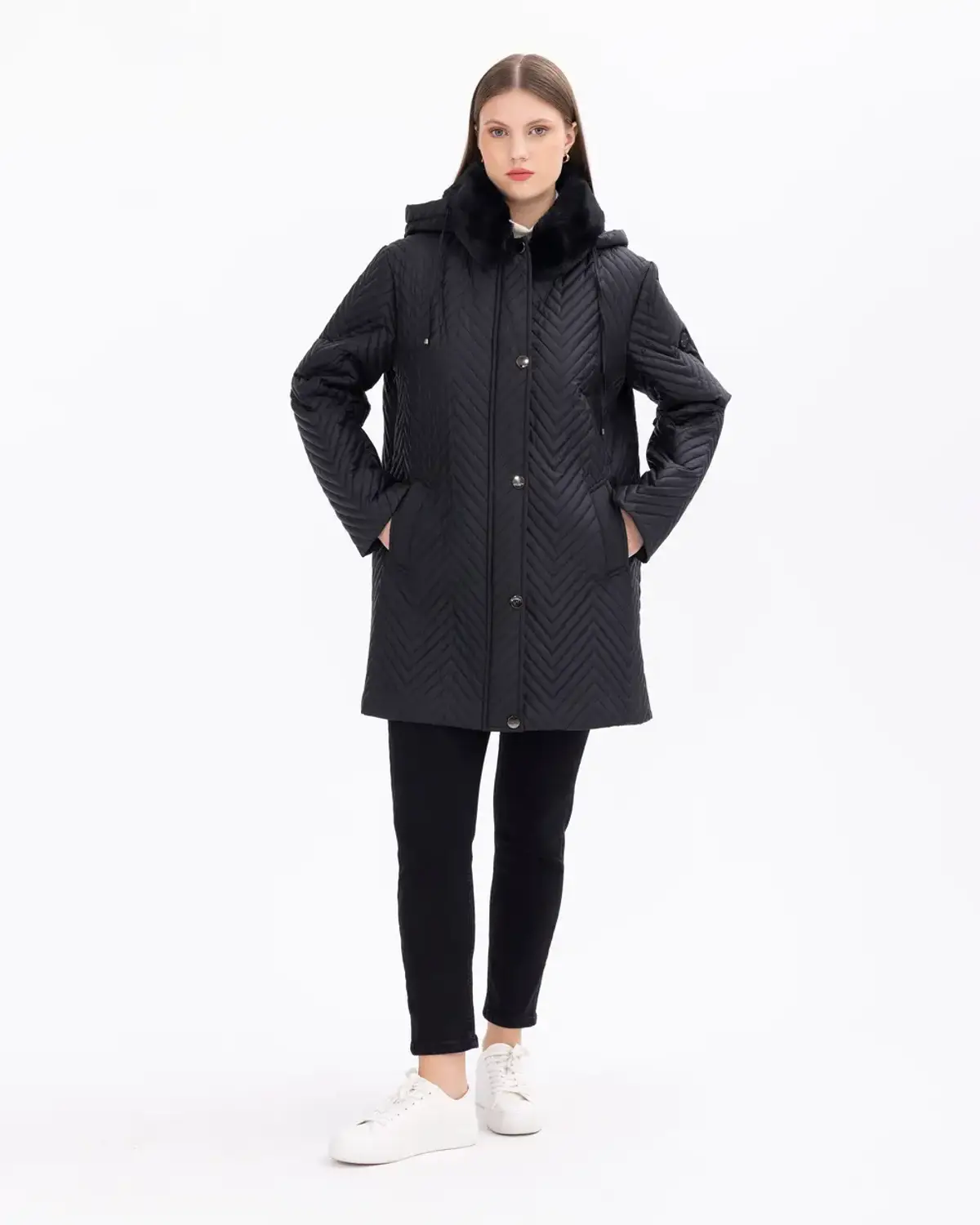 Широкий верхній одяг з деталей швів для жінок, розміри 44-50, кольори: коричневий, чорний, водонепроникний, з капюшоном