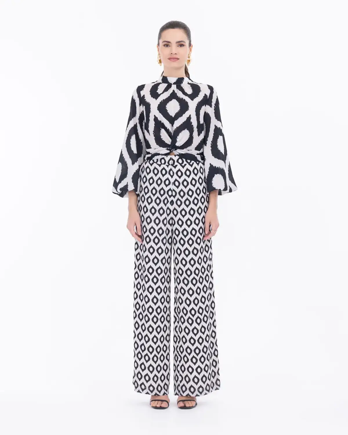 Широкі брюки з високою талією та візерунком, класичний стиль, 100% поліестер, доступні в розмірах 36-42, чорного кольору