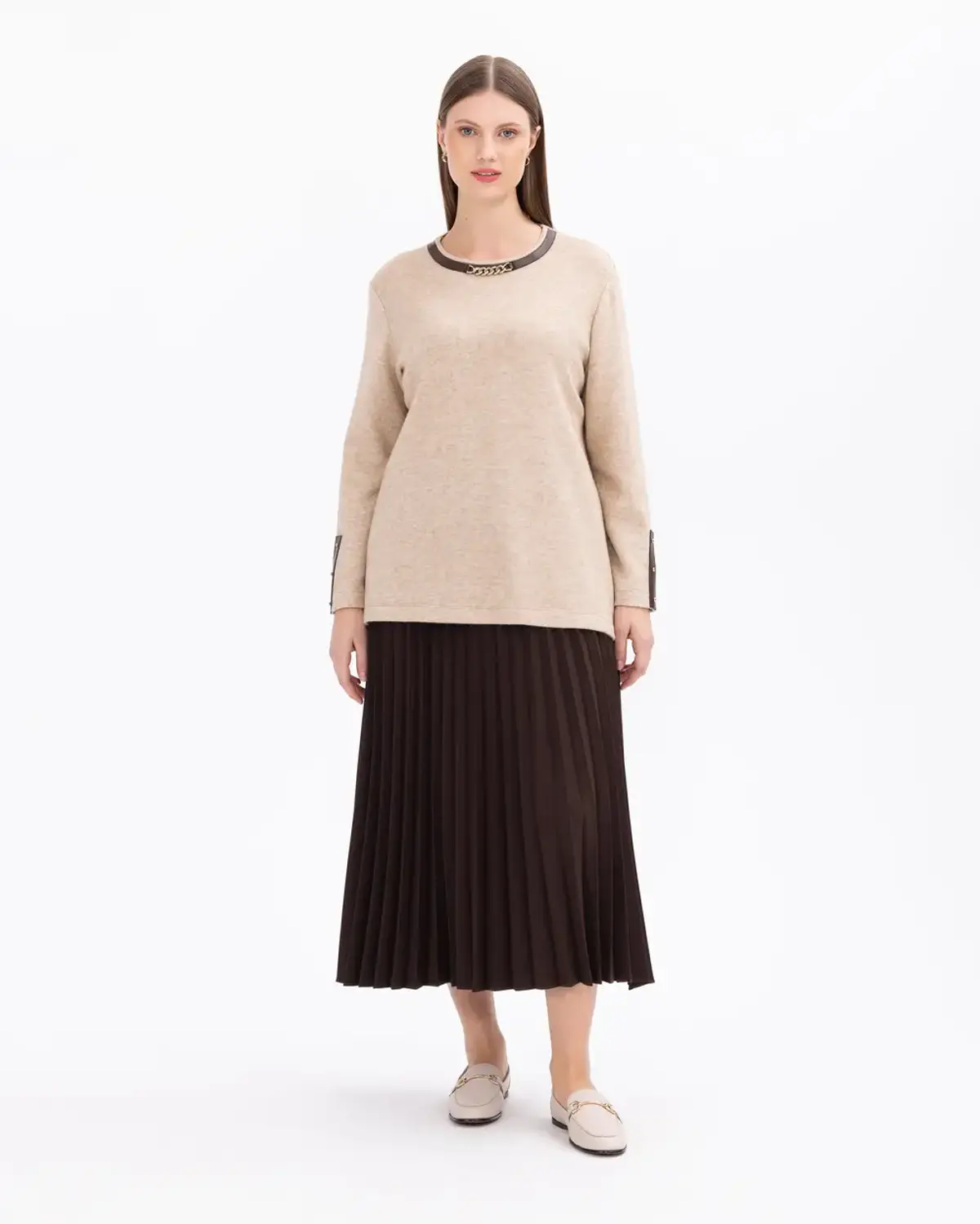 büyük beden deri detaylı yuvarlak yakalı örme bluz