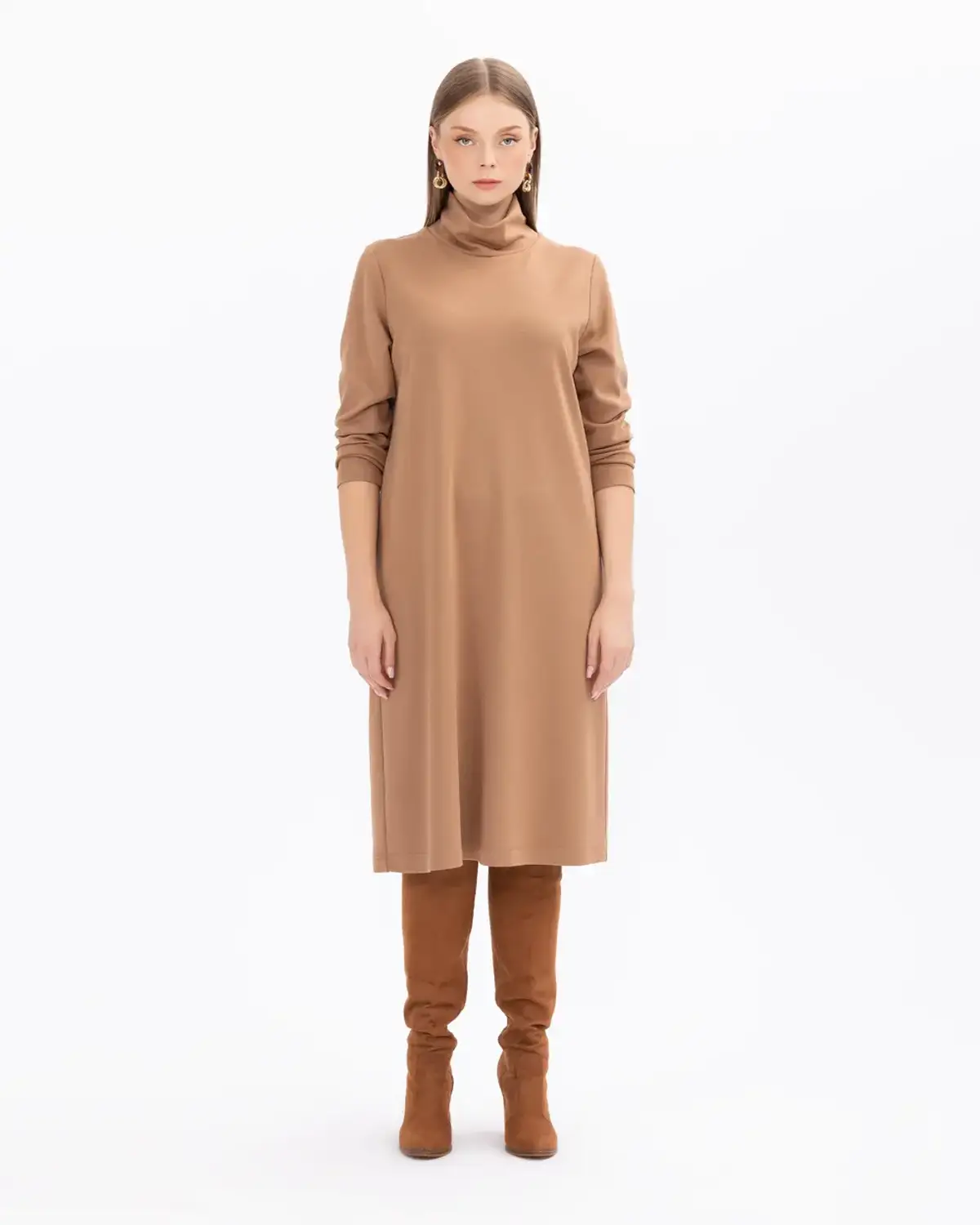 Plus Size Comfortable Fit Basic Knit Dress for Daily Wear in Camel or Black