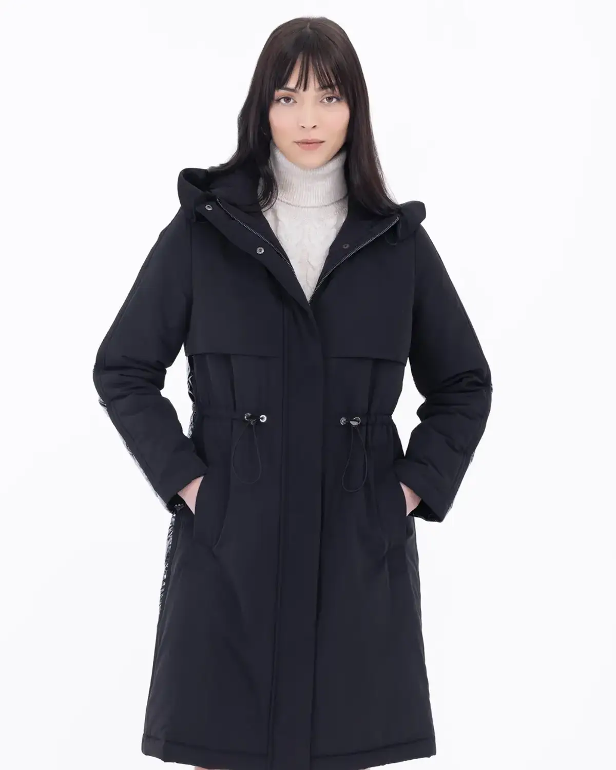 Water-Resistant Puffer Coat with Hood and Drawstring, Multi-Layer Fabric, Ideal for Rainy Winter Days, Comfortable Zip Closure, Available in Black