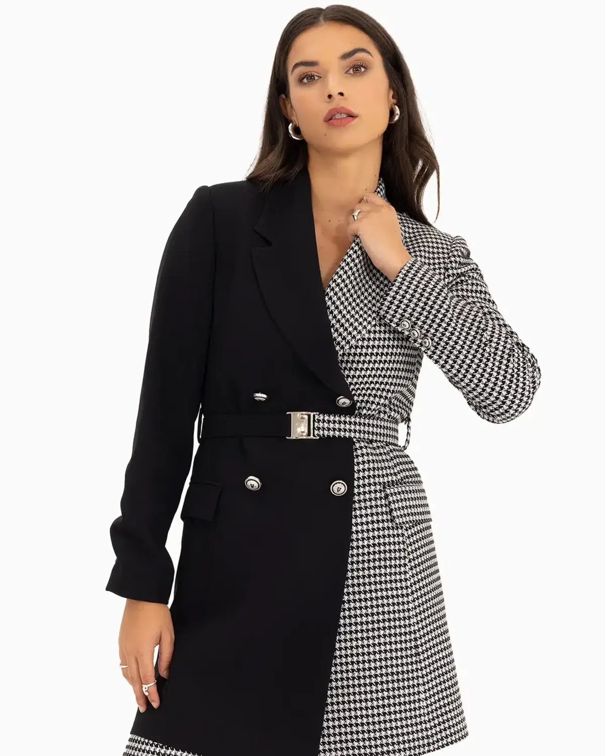 kazayağı desenli beli kemerli ceket