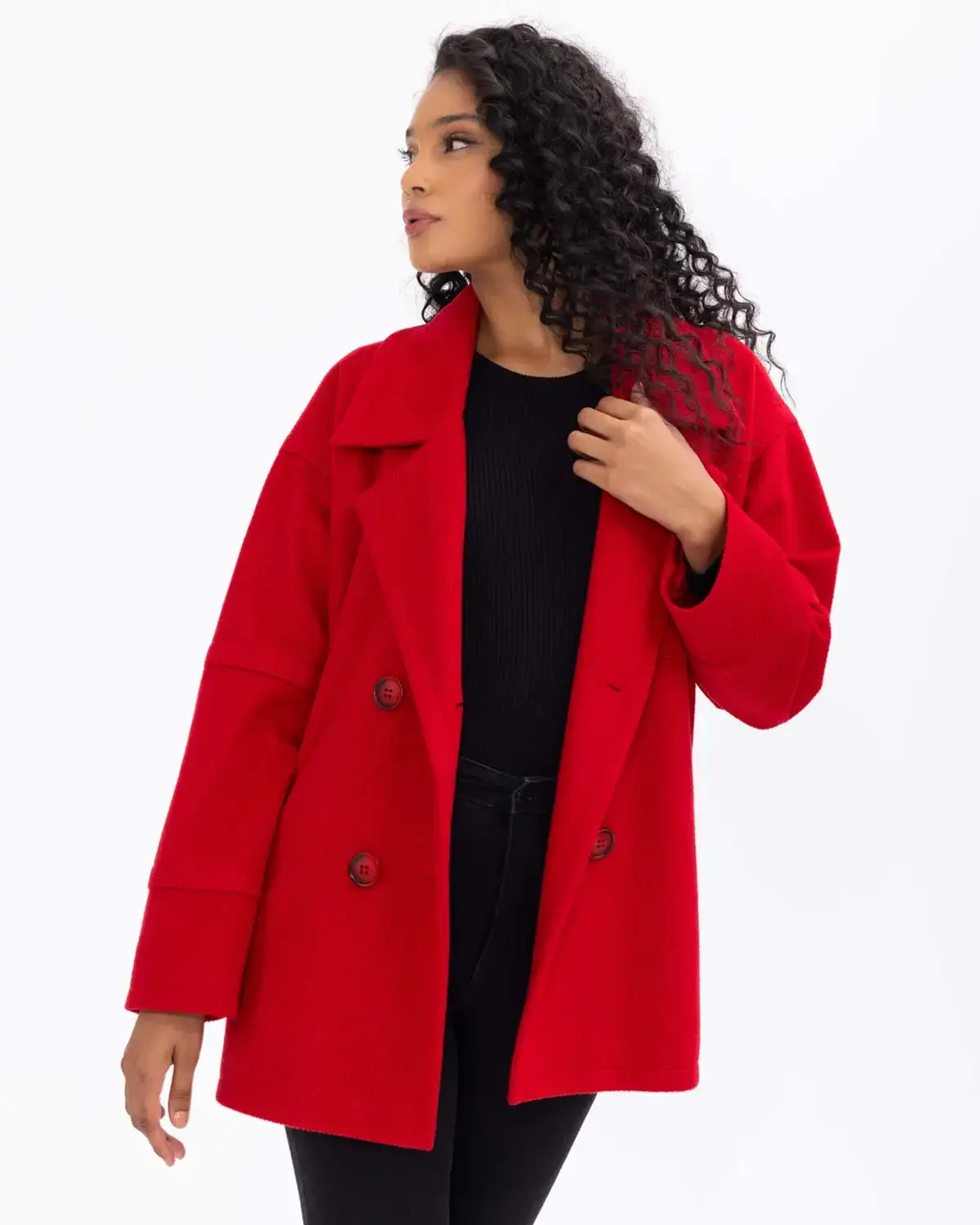 Короткий пальто з перекрестним коміром і гудзиковими деталями, червоний, елегантний та стильний для будь-якого сезону