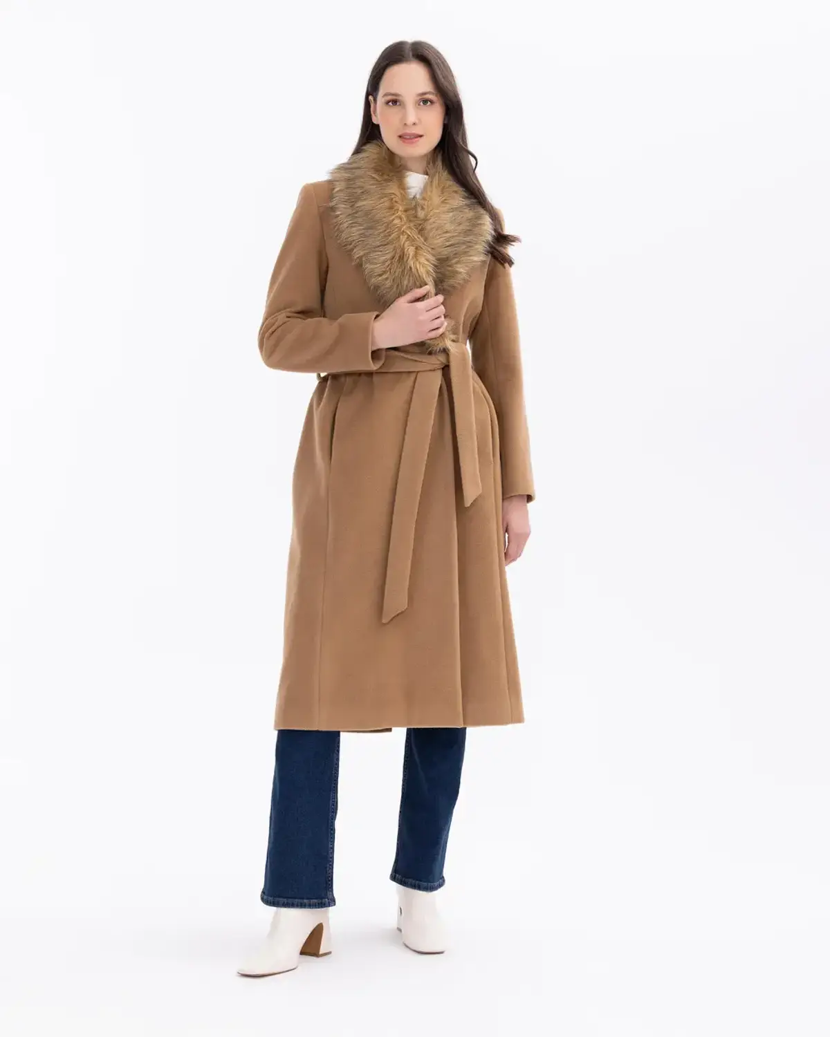 Faux Fur Collared Belted Wool Coat for Chic Warmth, Long Sleeve, Buttoned, Pockets, Lined, Relaxed Fit, Lightweight, Available in Camel and Black
