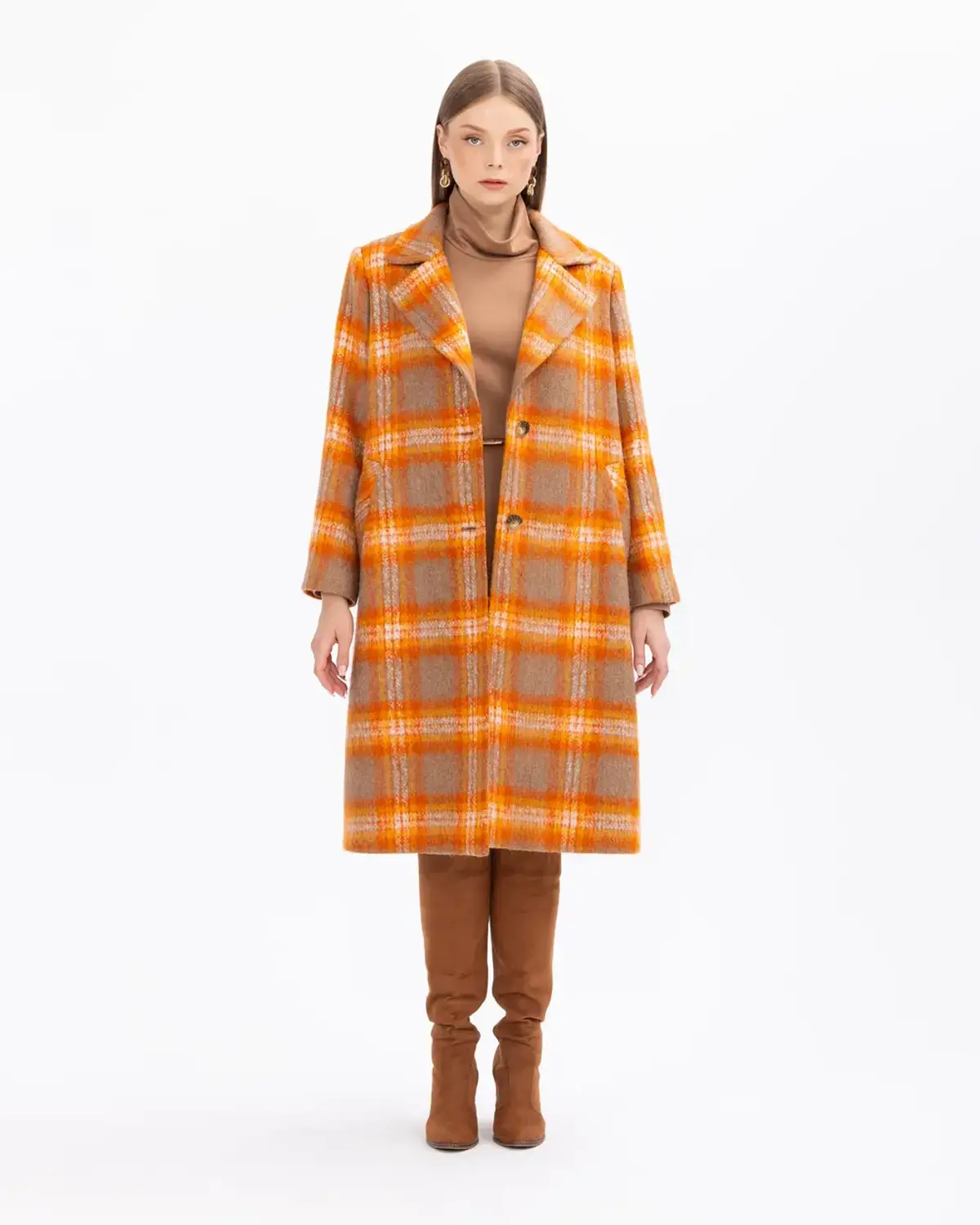 Жіночий великий кабан з оксамиту з клітинкою, комфорту та стилю для осені і зими, довгий рукав, подвійний ґудзик, кишені, оранжевий