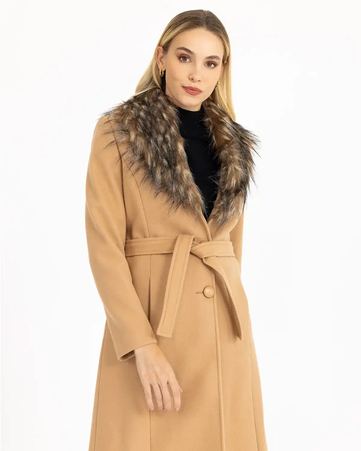 Кабан з деталями штучного хутра та поясом, класичний стиль, комір шал, підкладка, велюр, розміри 38-44, колір: камель