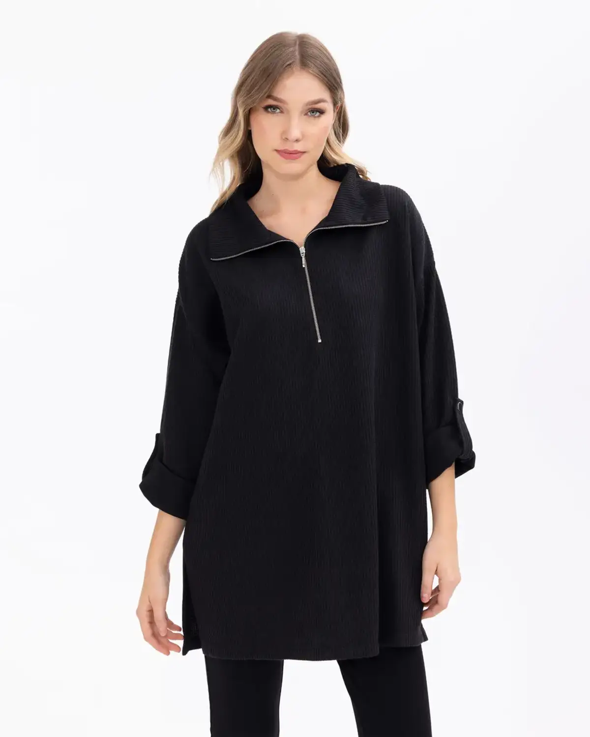 fermuar detaylı örme kumaş oversize tunik