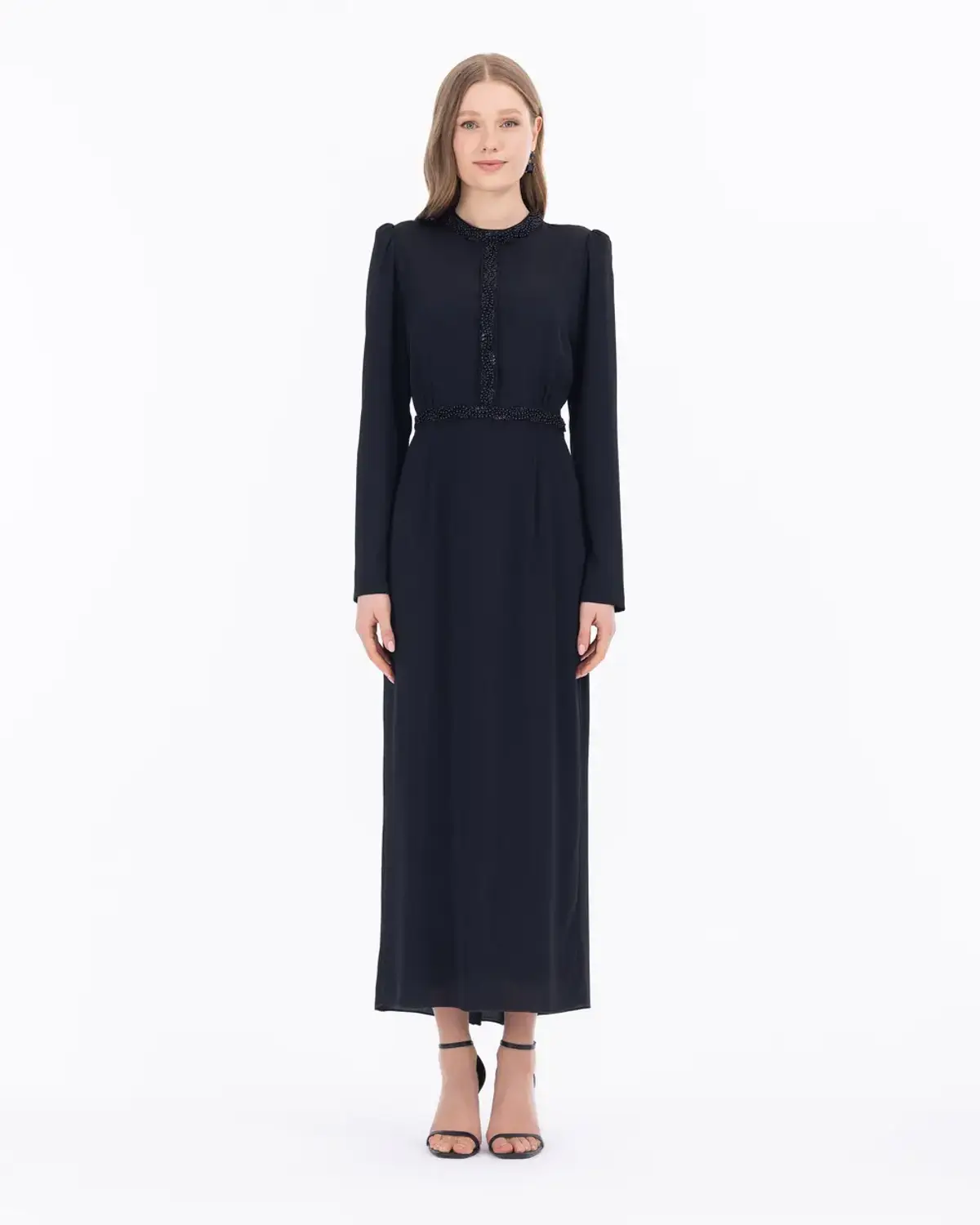 Сукня з обробкою камінням, нульовий виріз, довгий рукав, чорна, розмір 38-42, 100% поліестер, для урочистих подій