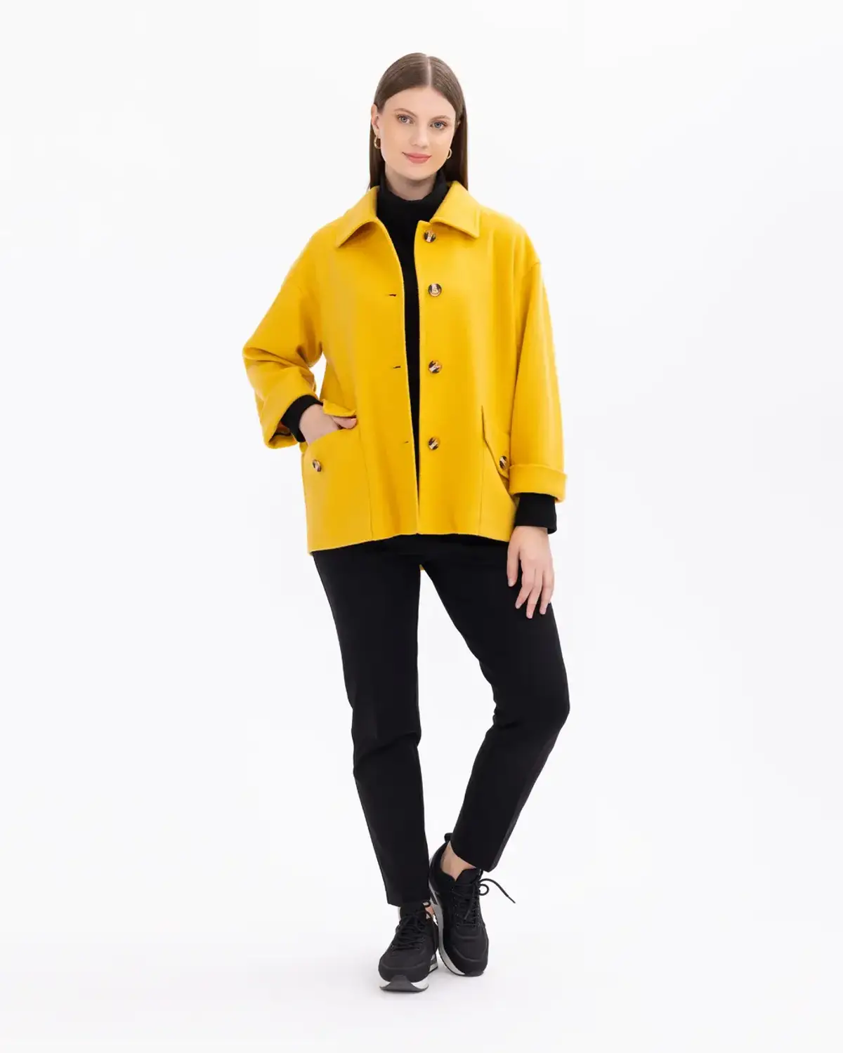 Plus Size Buttoned Coat with Pockets in Yellow Warm Wool Blend Fashionable and Comfortable for Cold Weather