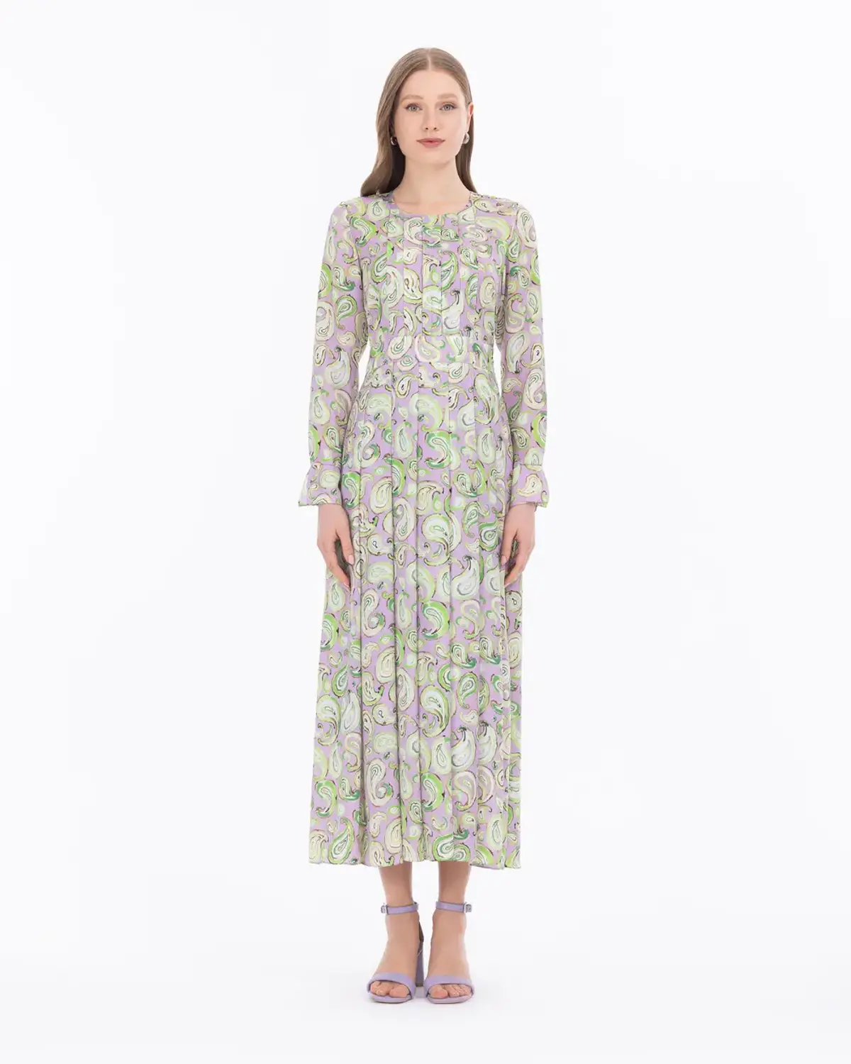 Long Sleeve Shal Pattern Dress for Casual and Office Wear in Lilac