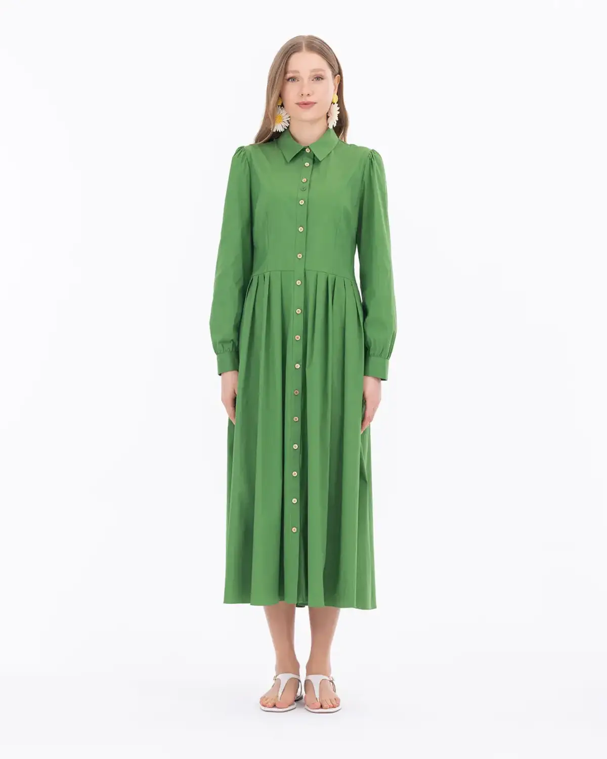 Classic Pleated Long Sleeve Dress with Shirt Collar, Available in Beige and Green, Sizes 36 to 42