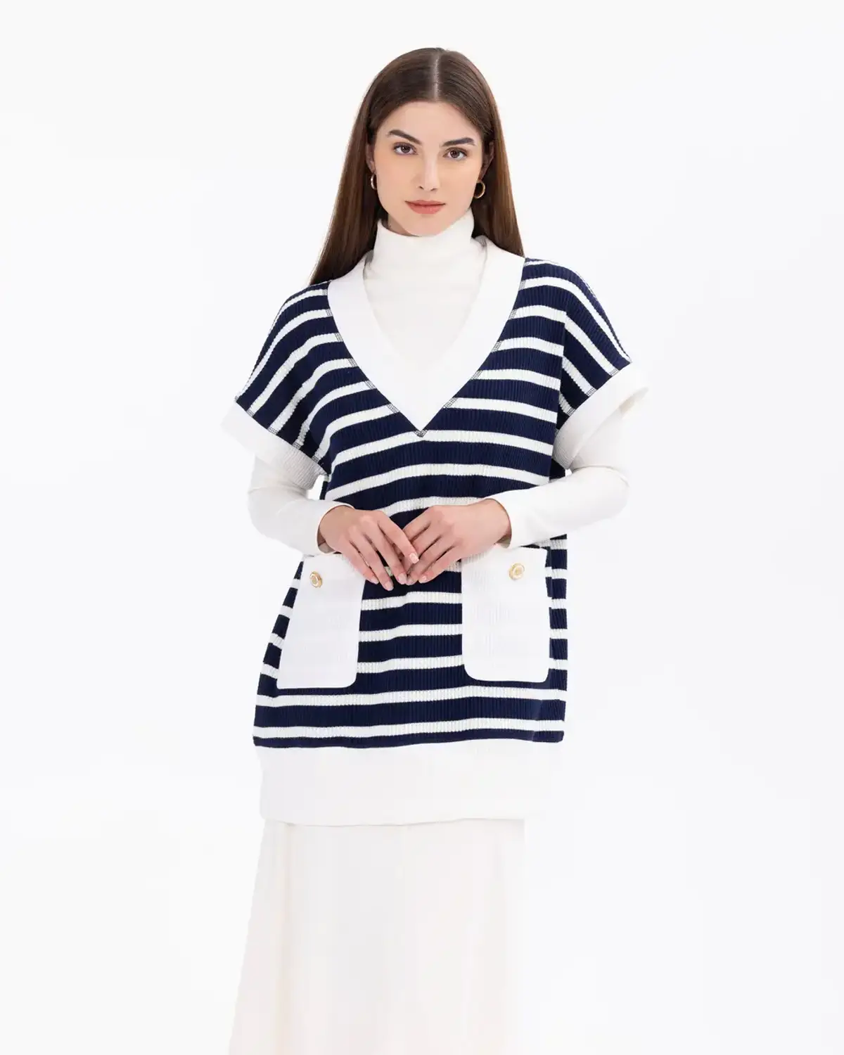 cep detaylı v yakalı çizgili örme süveter