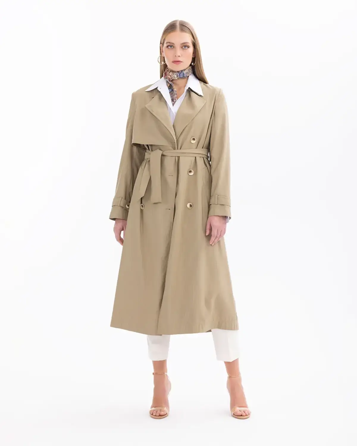 معطف ترينش طويل بتصميم ياقة مزدوجة وحزام، أنيق وعصري للنساء بلون الكاكي