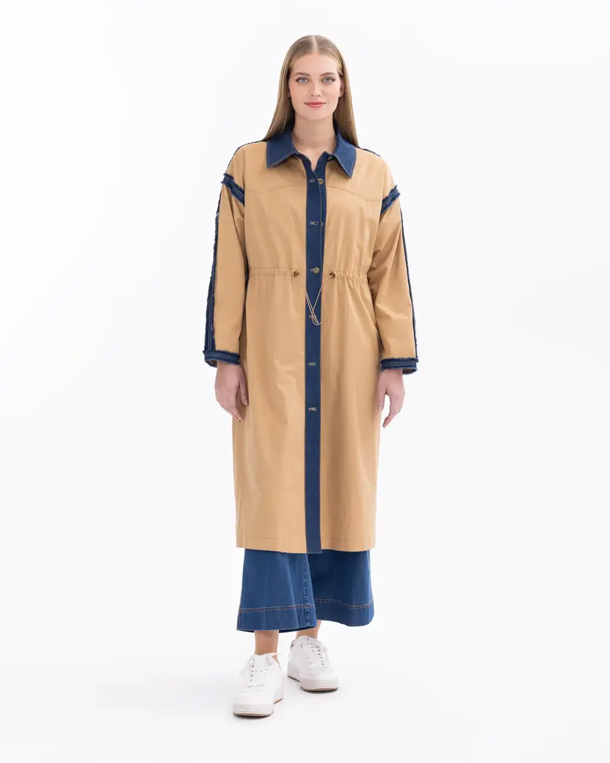 beli büzgülü cep detaylı düğmeli trençkot