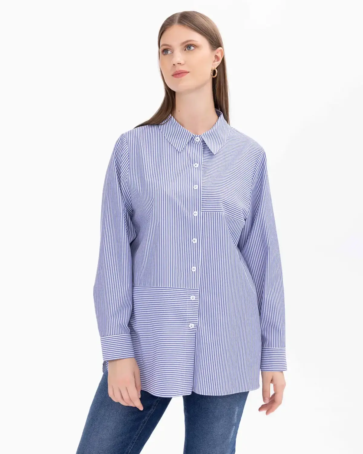 büyük beden çizgi desenli uzun kollu gömlek