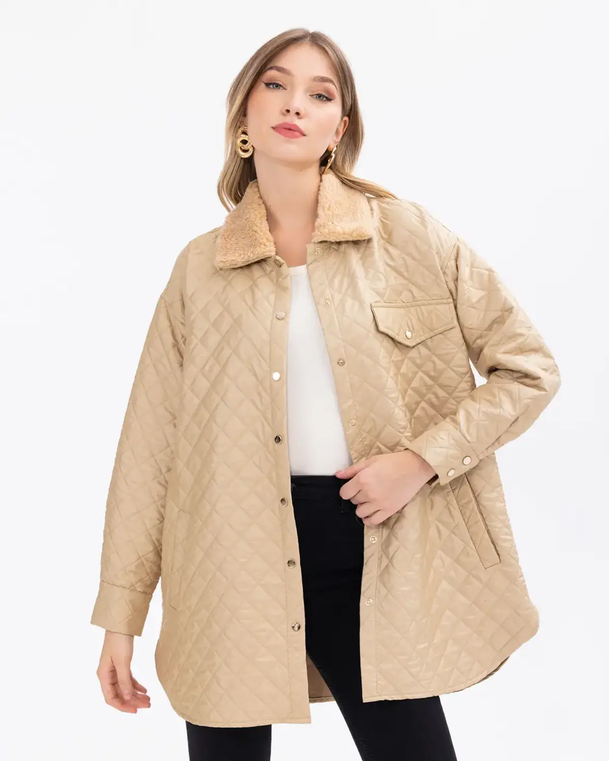 peluş yaka kapitone ceket