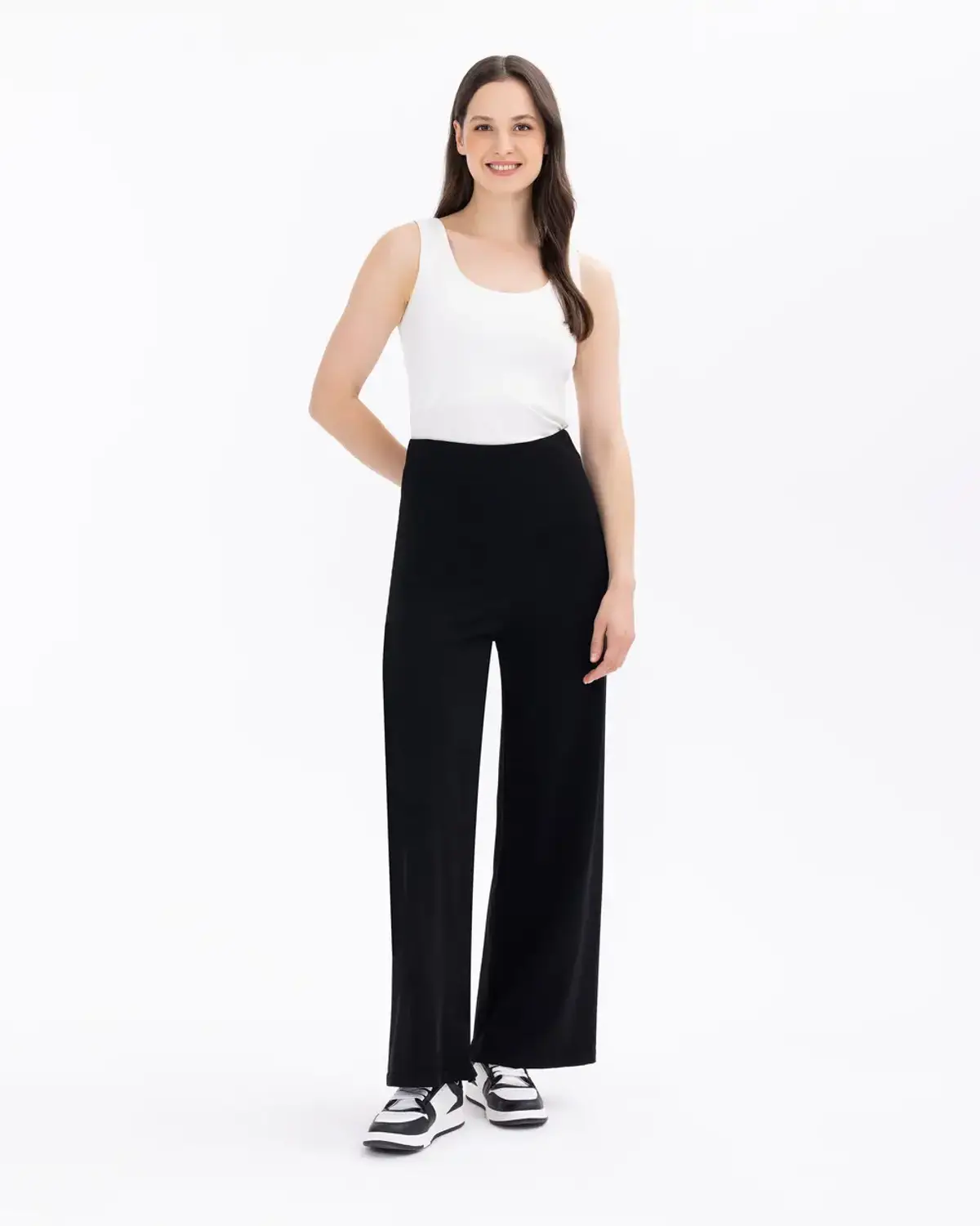 Wide Leg Knitted Pants with Elastic Waist in Black - Comfortable and Stylish All-Season Essential for Effortless Elegance