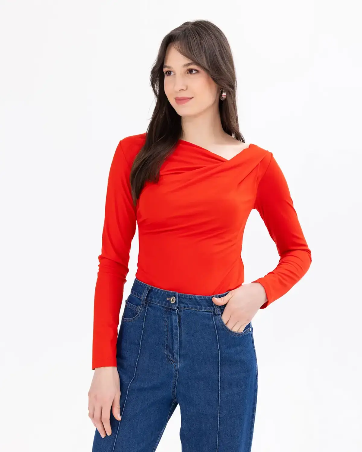 asimetrik yaka bel boy bluz