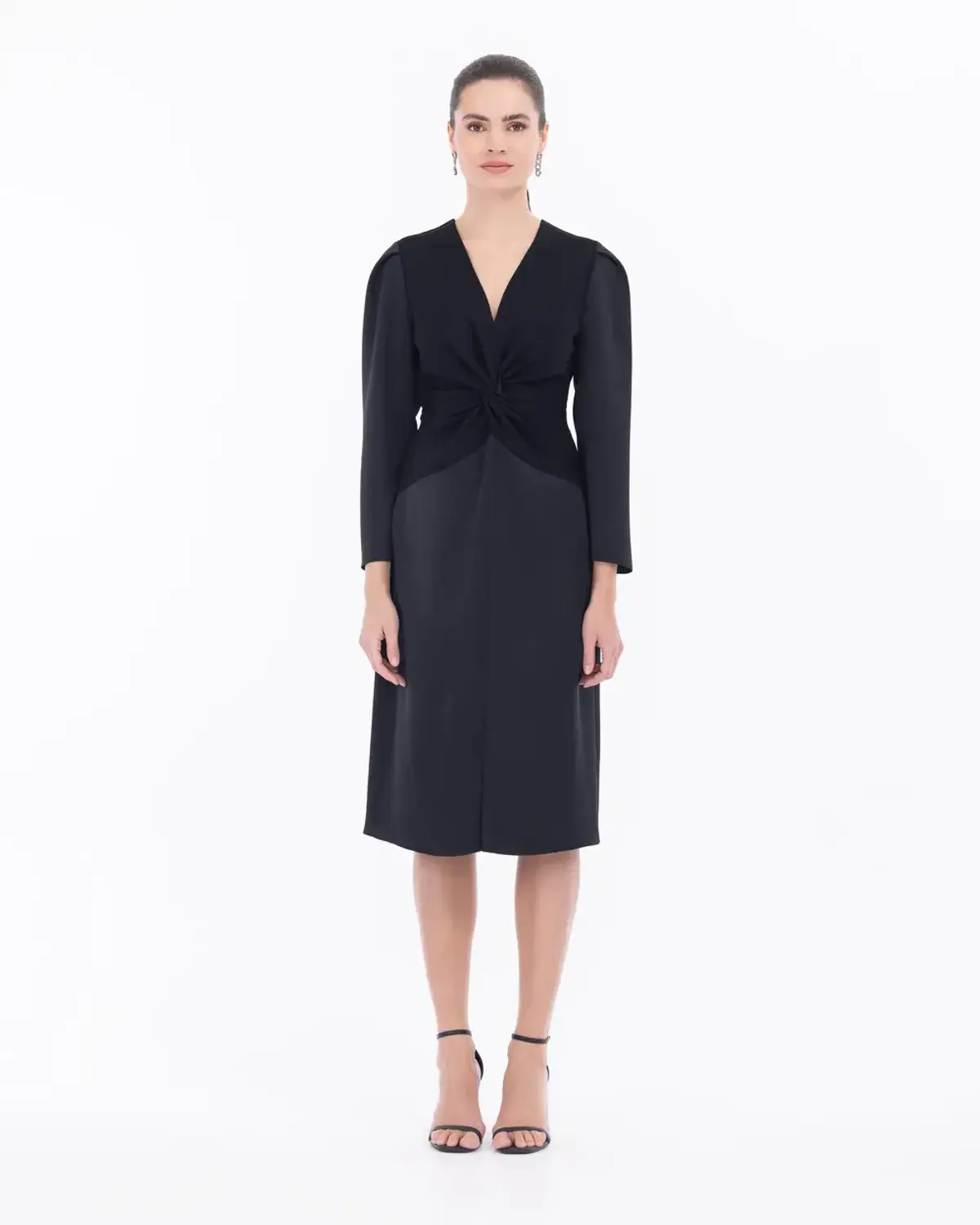 saten dokuma yaka detaylı midi boy elbise