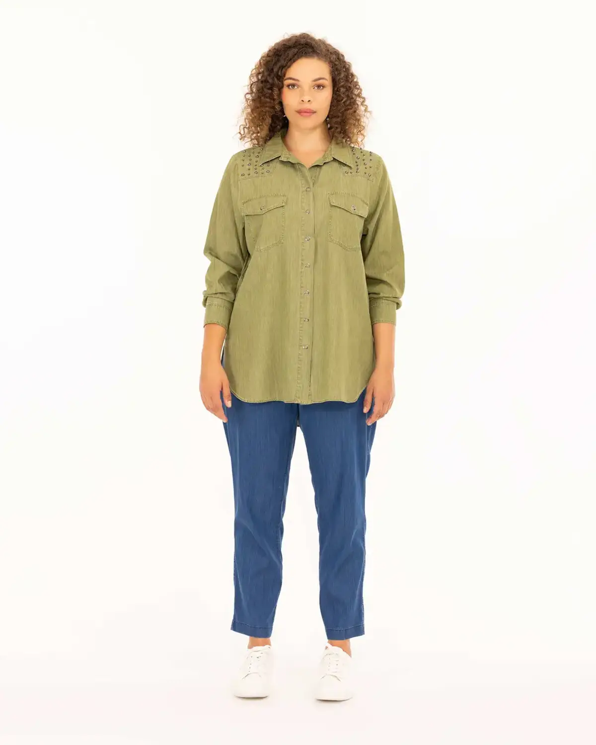 büyük beden zımba detaylı cepli gömlek