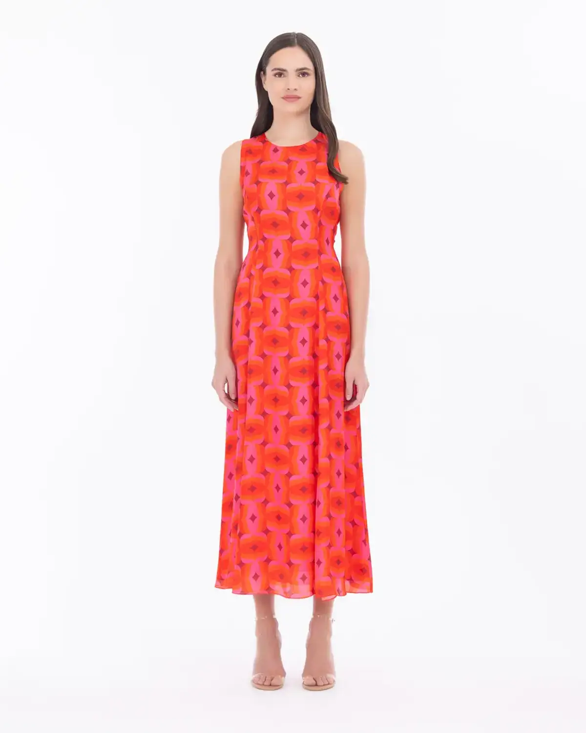 Satin-Look Halter Neck Full-Length Dress in Coral, Size 42/44, Elegant Figure-Flattering Design, Perfect for Pairing with Heels