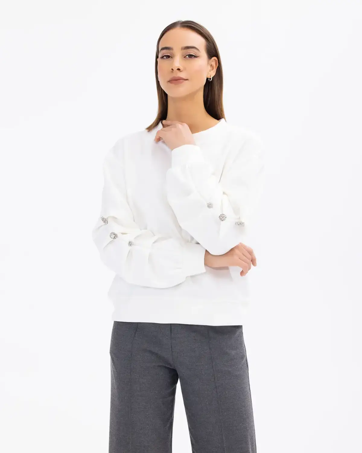 kol detaylı yuvarlak yakalı bel boy sweatshirt